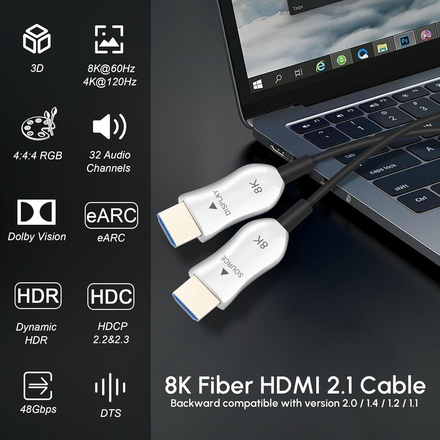 Cable HDMI 2.1 de fibra óptica 8K 15m Ast 48Gbps HDR eARC