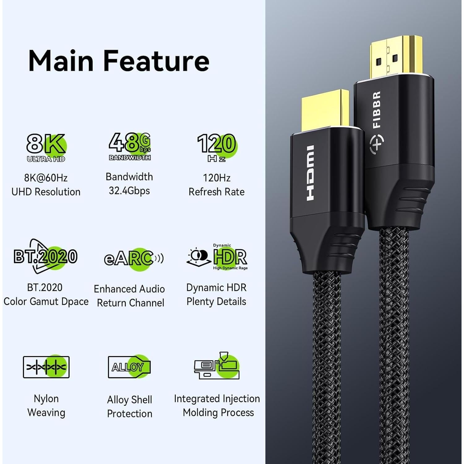 Cable HDMI 2.1 FIBBR 8K 2m 48Gbps para PS4/PS5 Xbox
