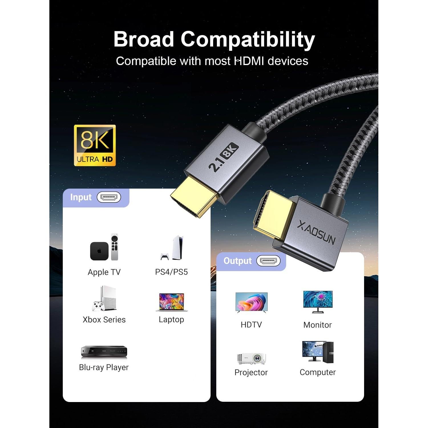 Cable HDMI 2.1 en Ángulo Recto XAOSUN 2m 8K 60Hz 48Gbps