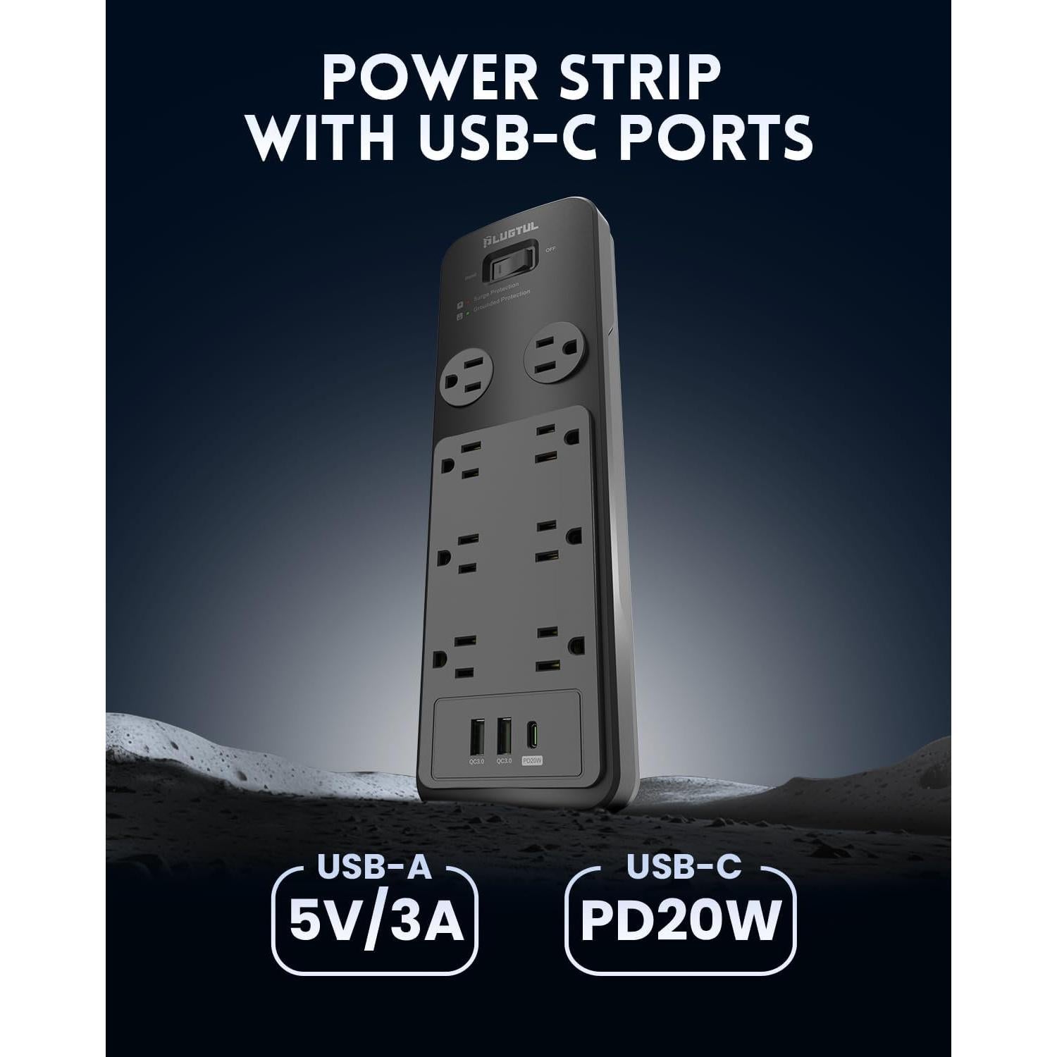 Protector de Sobretensión PLUGTUL 6FT con 8 Salidas y USB-C 20W