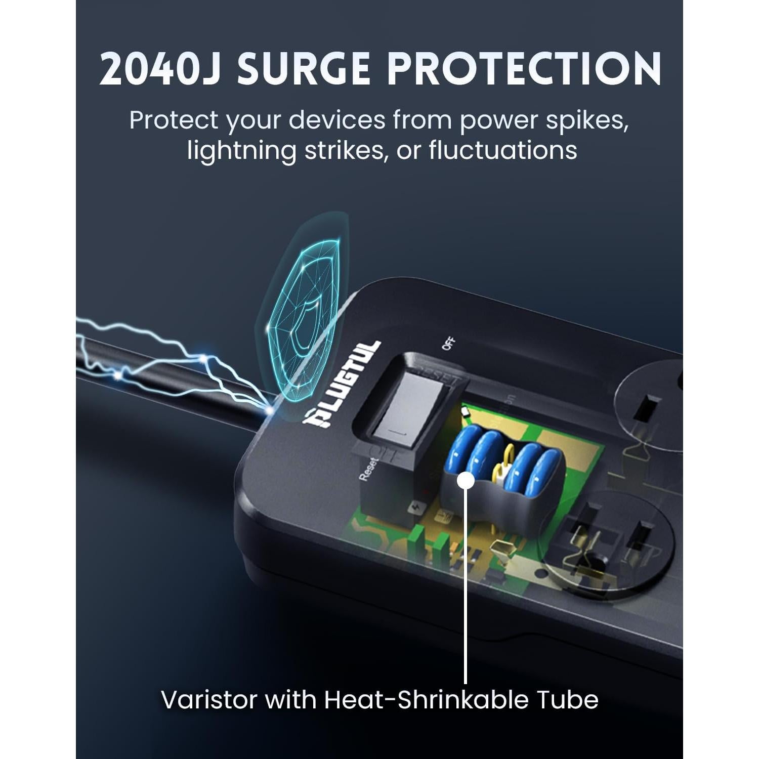 Protector de Sobretensión PLUGTUL 6FT con 8 Salidas y USB-C 20W