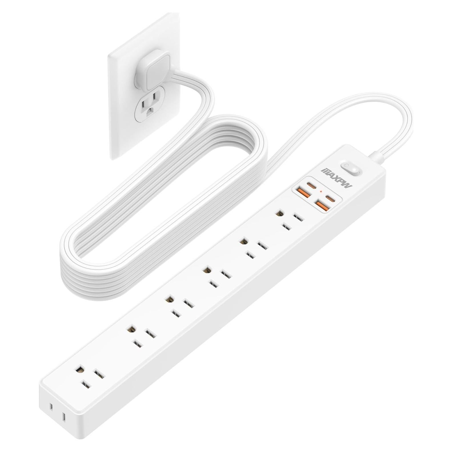 Regleta de 3 metros Maxpw con 7 salidas y 4 USB, blanca