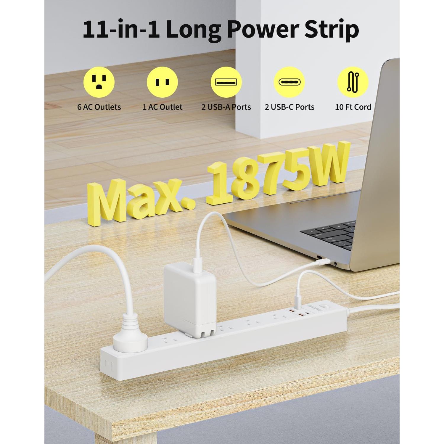 Regleta de 3 metros Maxpw con 7 salidas y 4 USB, blanca