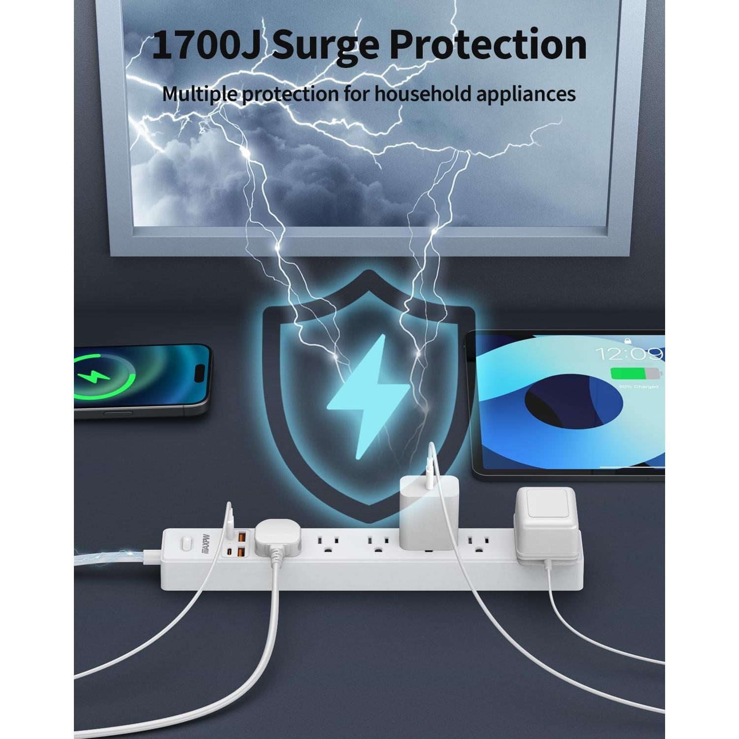 Regleta de 3 metros Maxpw con 7 salidas y 4 USB, blanca