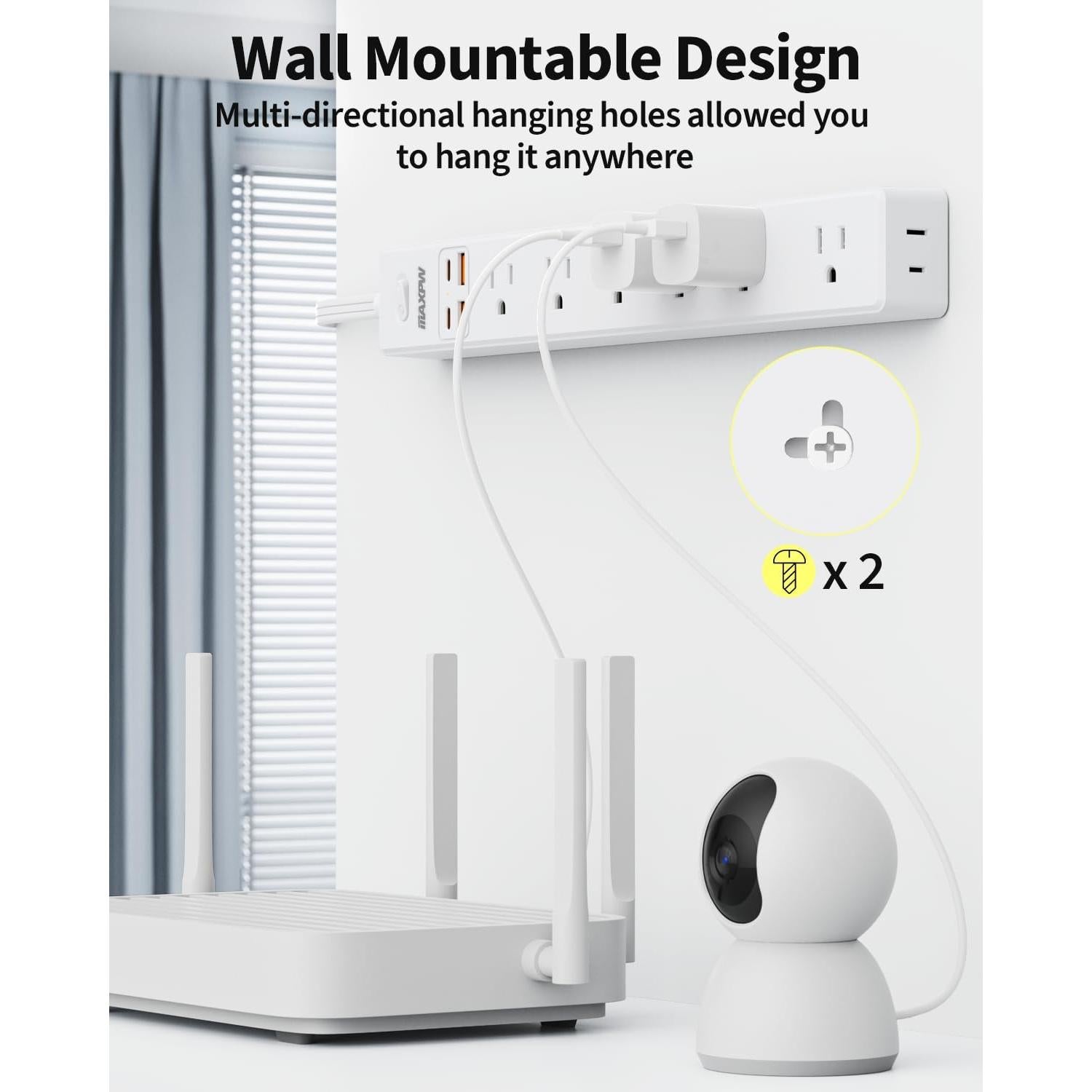 Regleta de 3 metros Maxpw con 7 salidas y 4 USB, blanca