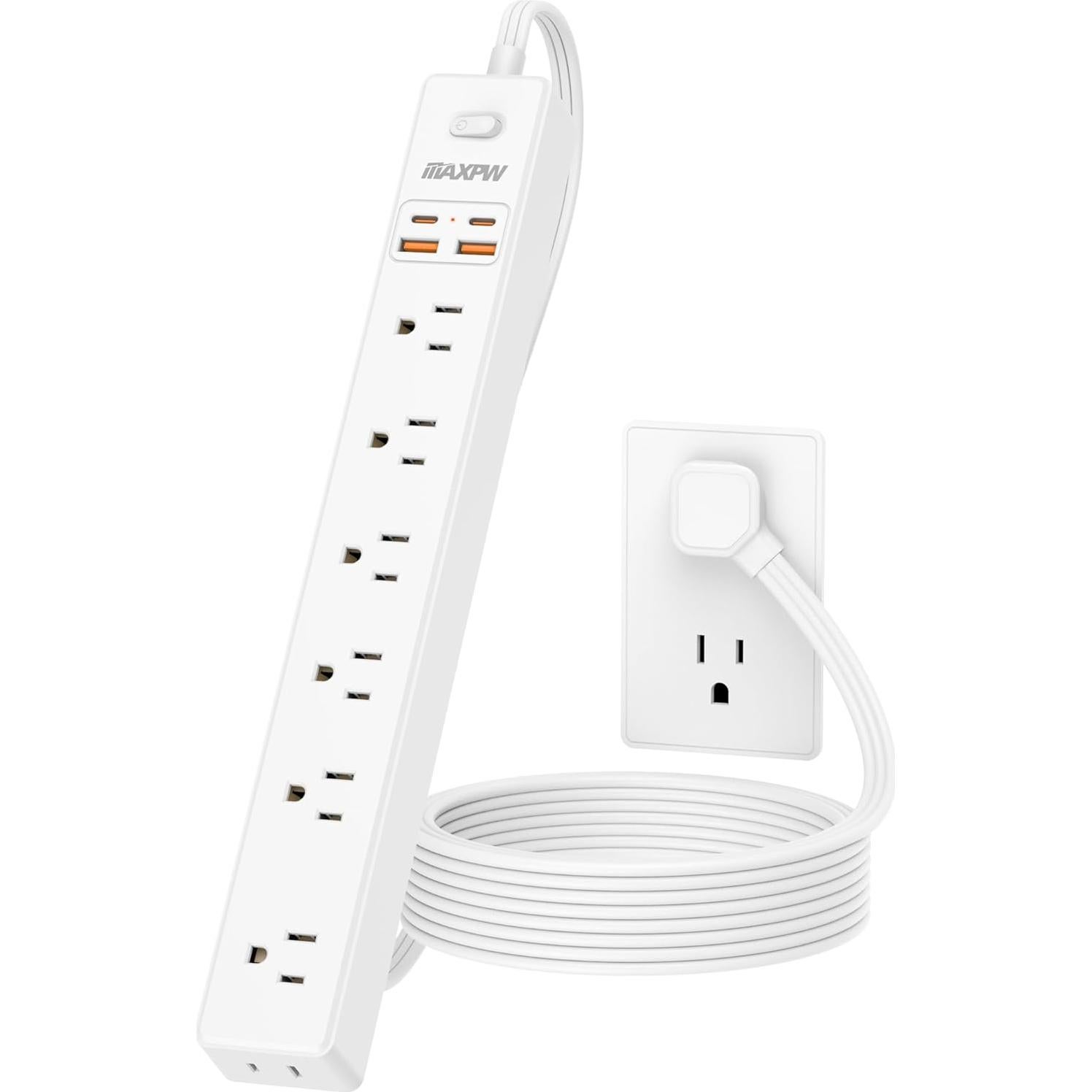 Regleta de 3 metros Maxpw con 7 salidas y 4 USB, blanca