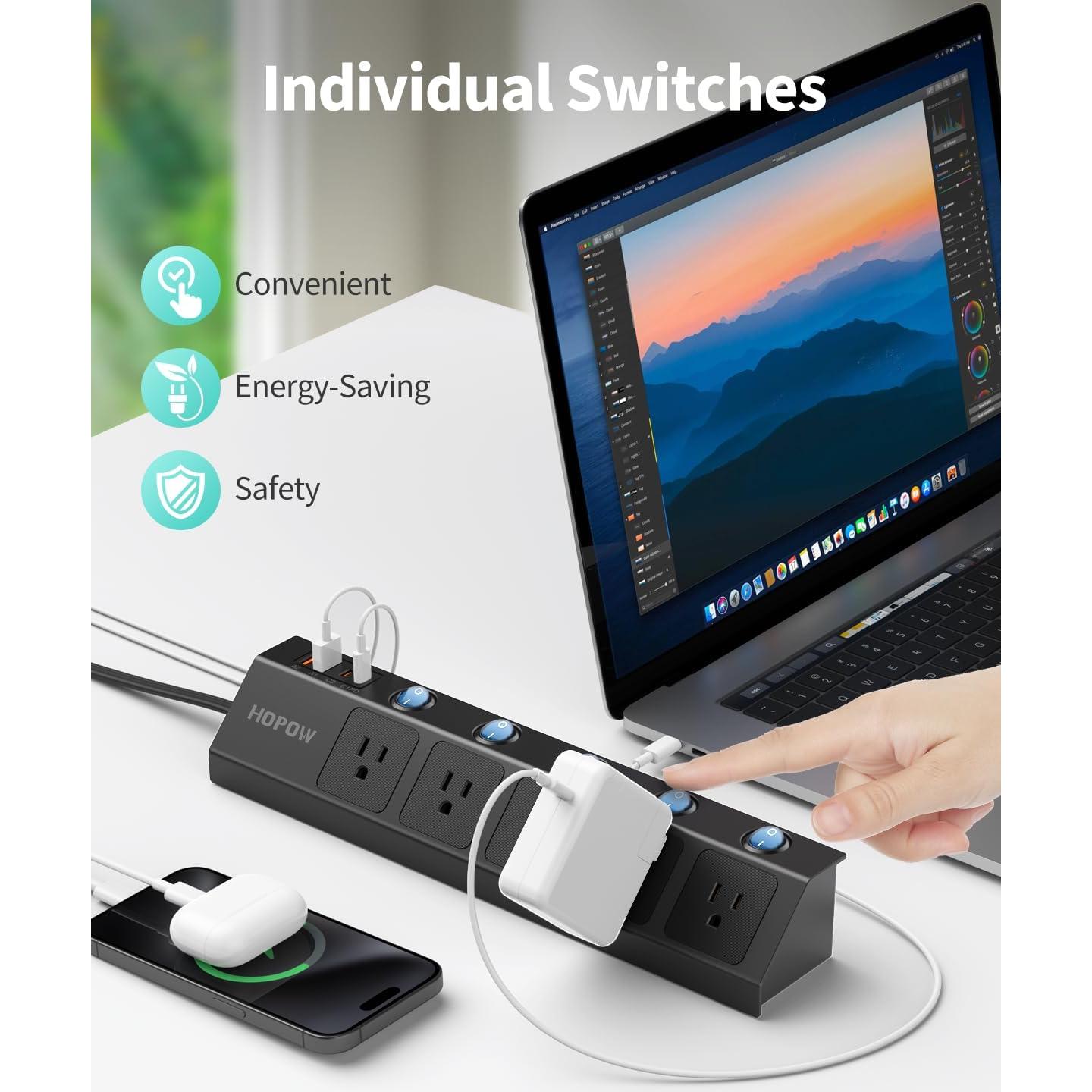 Regleta de Enchufes Plana HOPOW 3m 5 Salidas 4 USB Carga Rápida