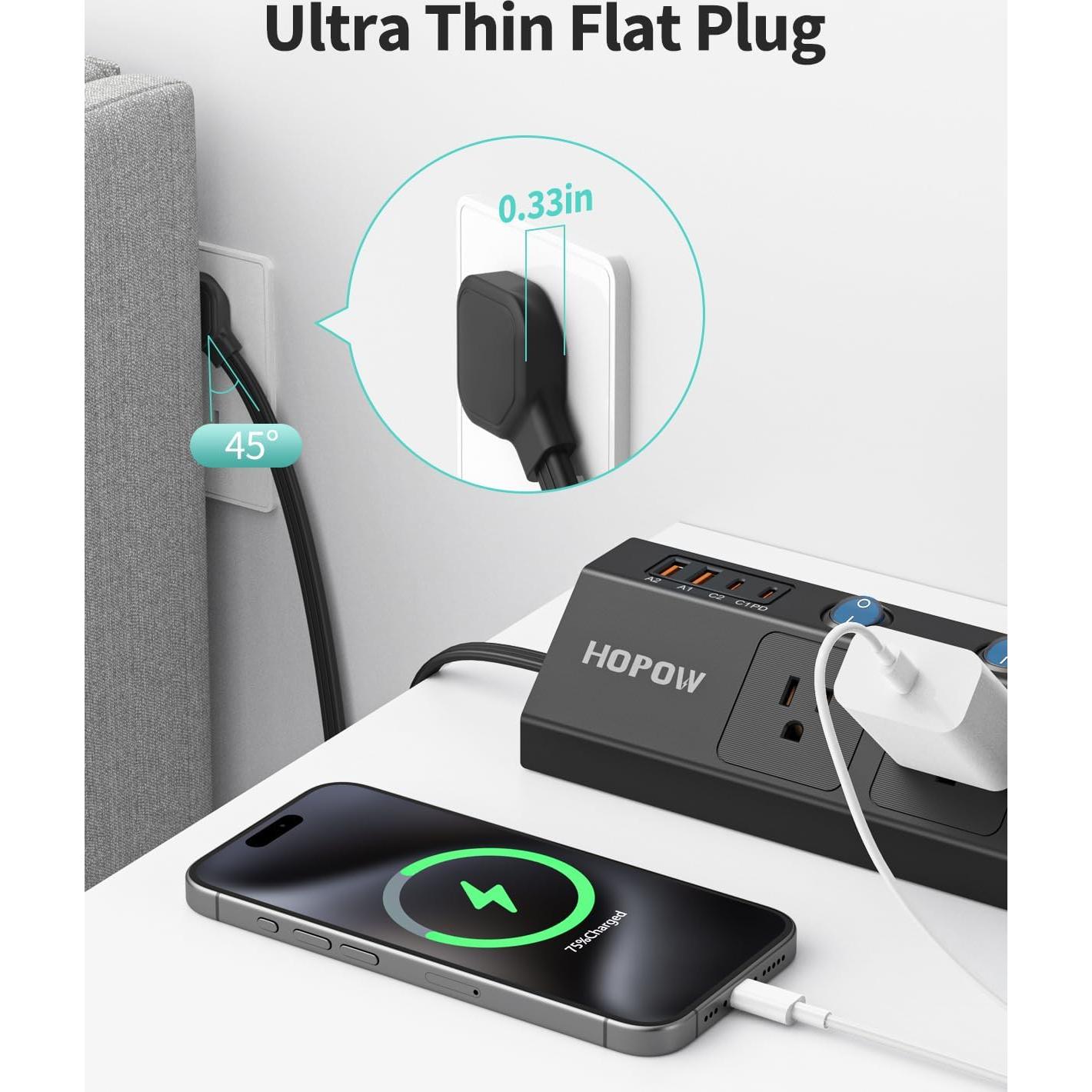 Regleta de Enchufes Plana HOPOW 3m 5 Salidas 4 USB Carga Rápida