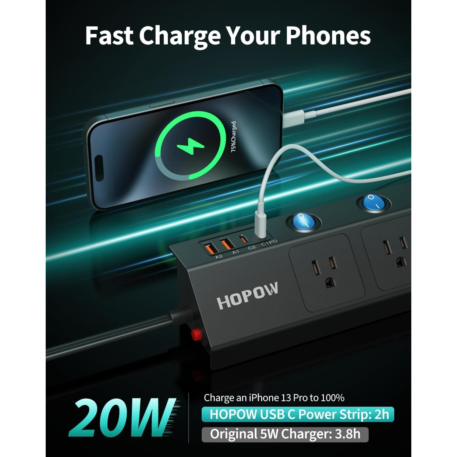 Regleta de Enchufes Plana HOPOW 3m 5 Salidas 4 USB Carga Rápida