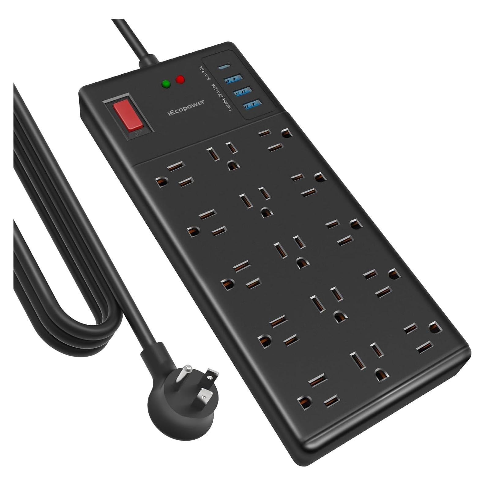 Regleta de Protección IECOPOWER 10FT 15 Salidas 4 USB Negro