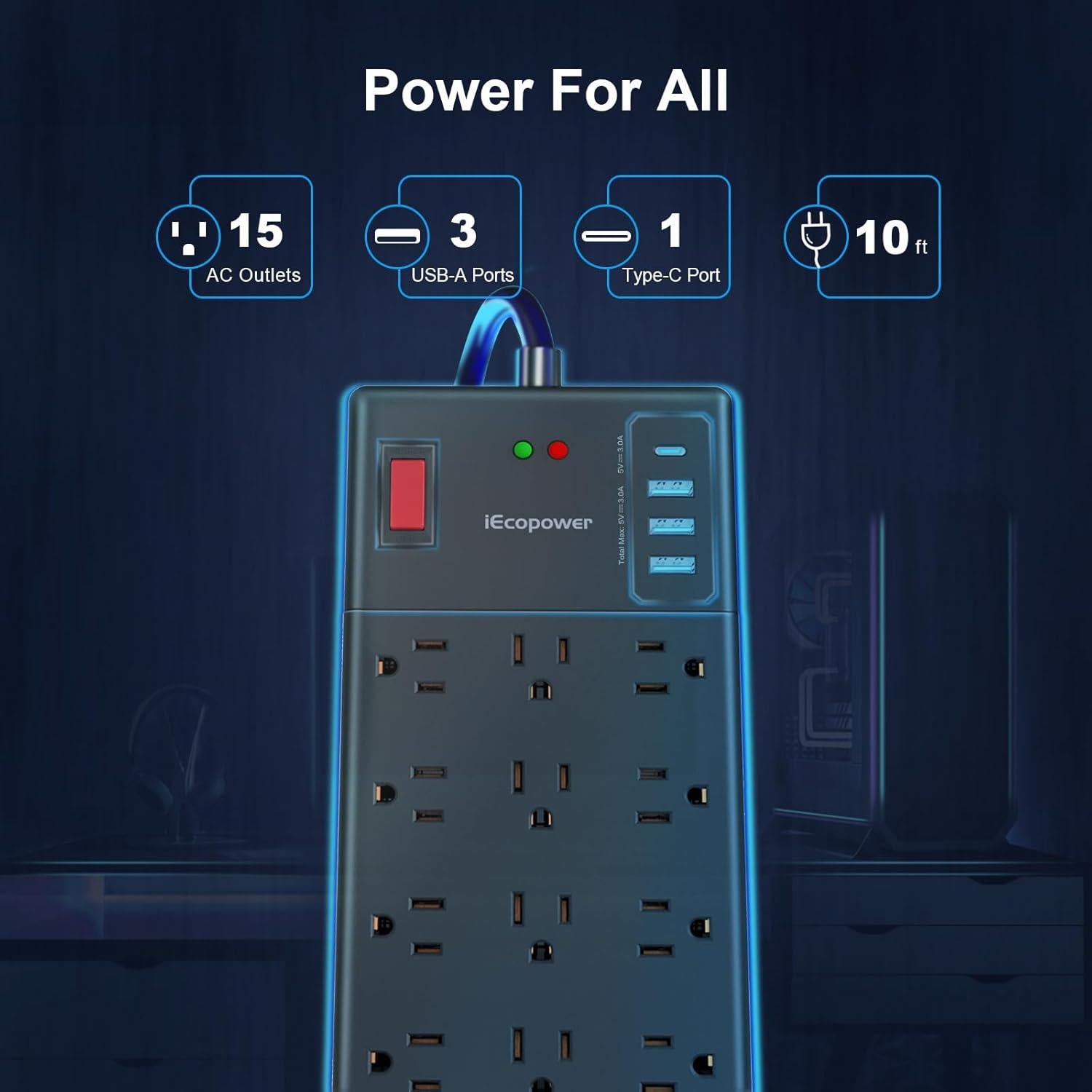 Regleta de Protección IECOPOWER 10FT 15 Salidas 4 USB Negro