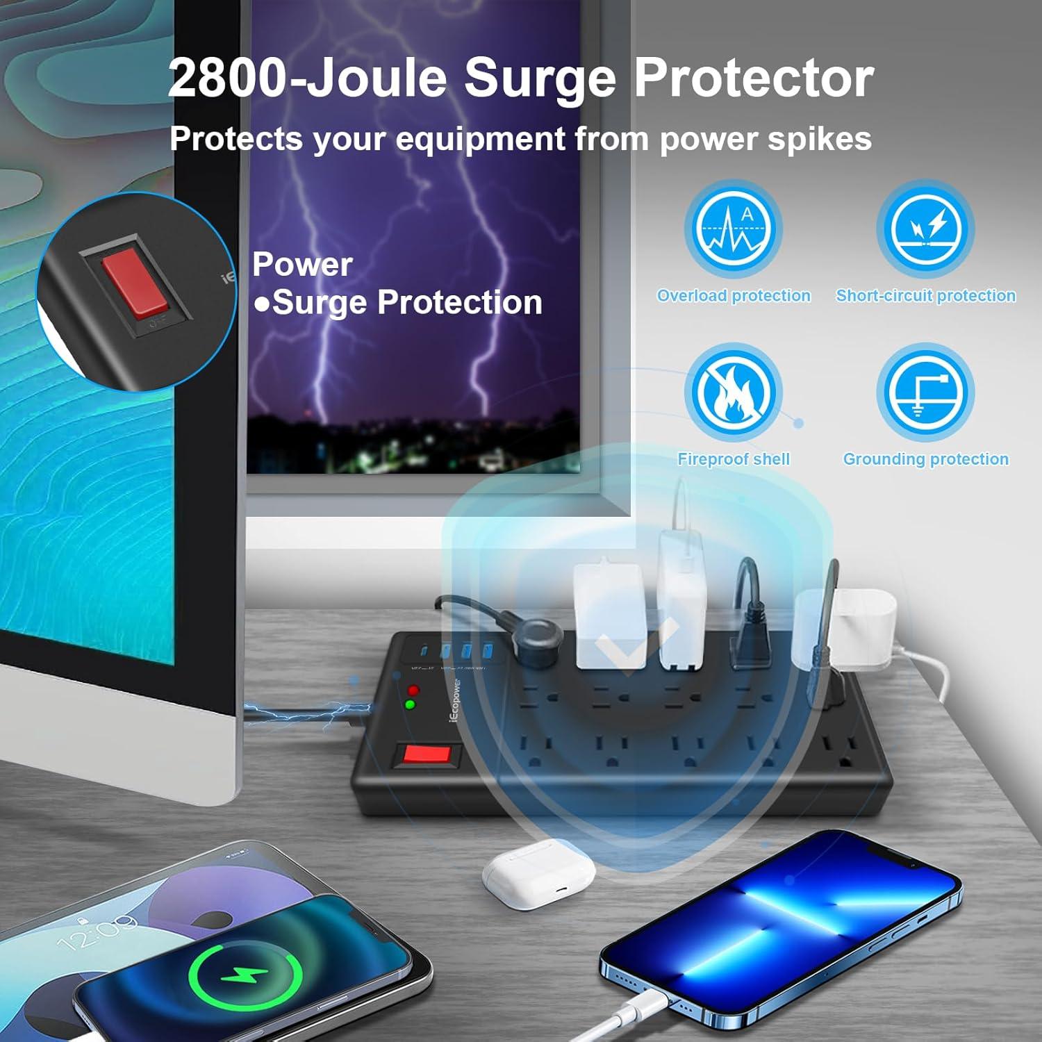 Regleta de Protección IECOPOWER 10FT 15 Salidas 4 USB Negro