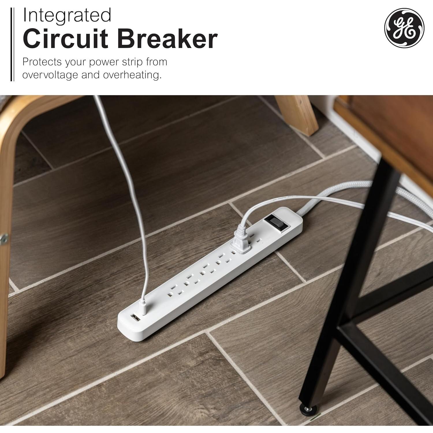 Toma de Corriente GE 6 Salidas con USB-A y USB-C 1.83m