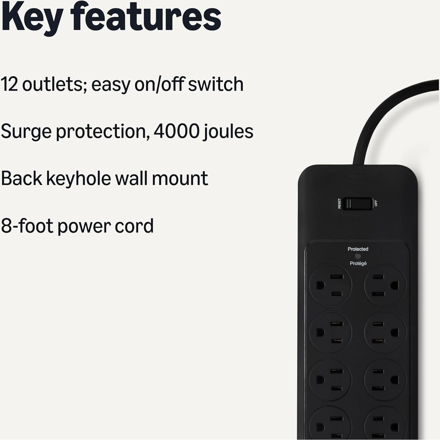 Protector de Sobretensión Amazon Basics 12 Salidas 4000 Julios 2.4m