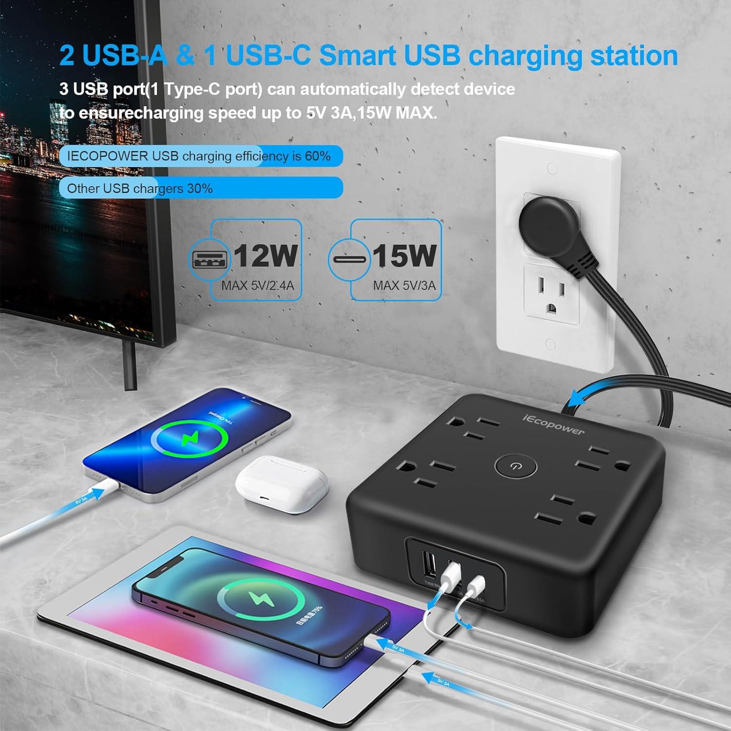 Paquete de 2 Regletas de Enchufe Planas IECOPOWER 6FT 4 Salidas