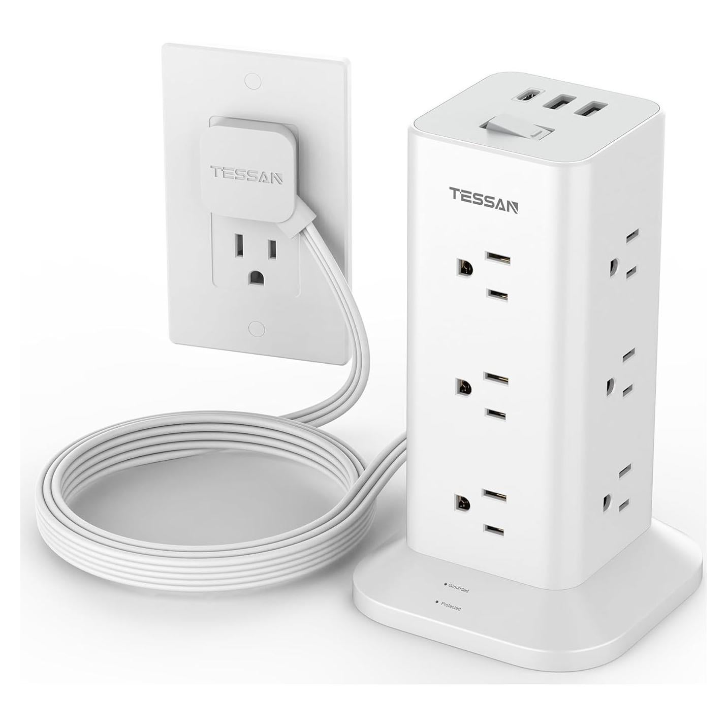 Torre de Regleta de Energía TESSAN 1.83m 12 Salidas 3 USB