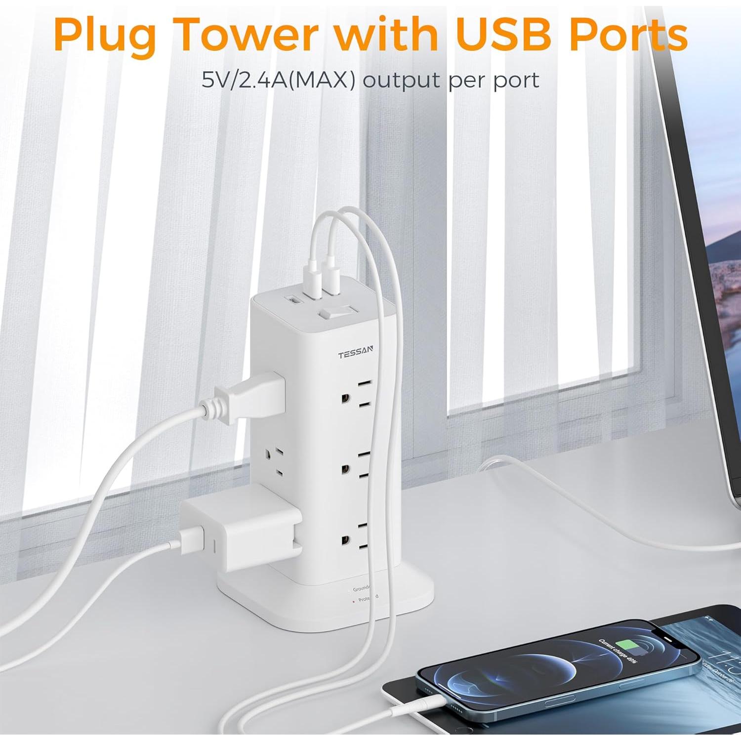 Torre de Regleta de Energía TESSAN 1.83m 12 Salidas 3 USB