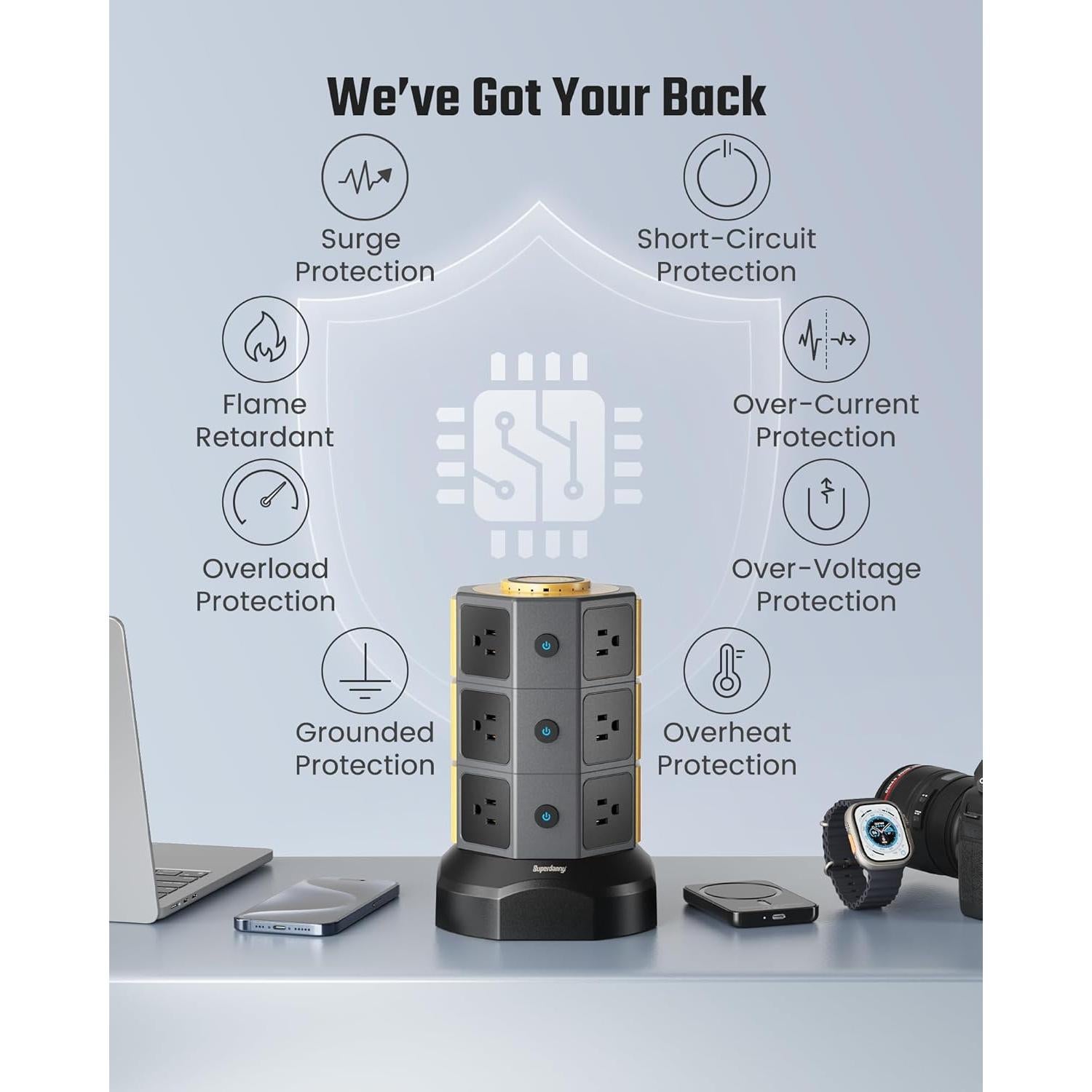 Torre de Regleta de Energía SUPERDANNY 12 Salidas AC 6 USB