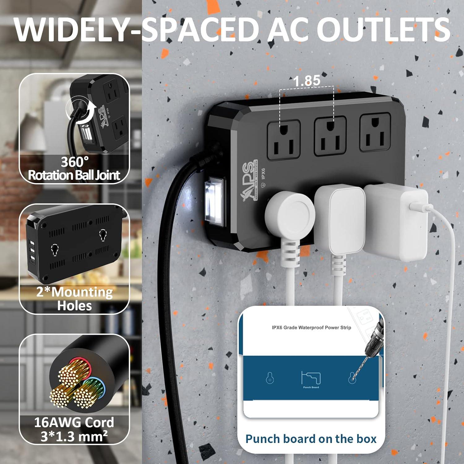 Toma de Corriente Exterior IPX6 Qiyuan 6 Tomas 3 USB 1.83m