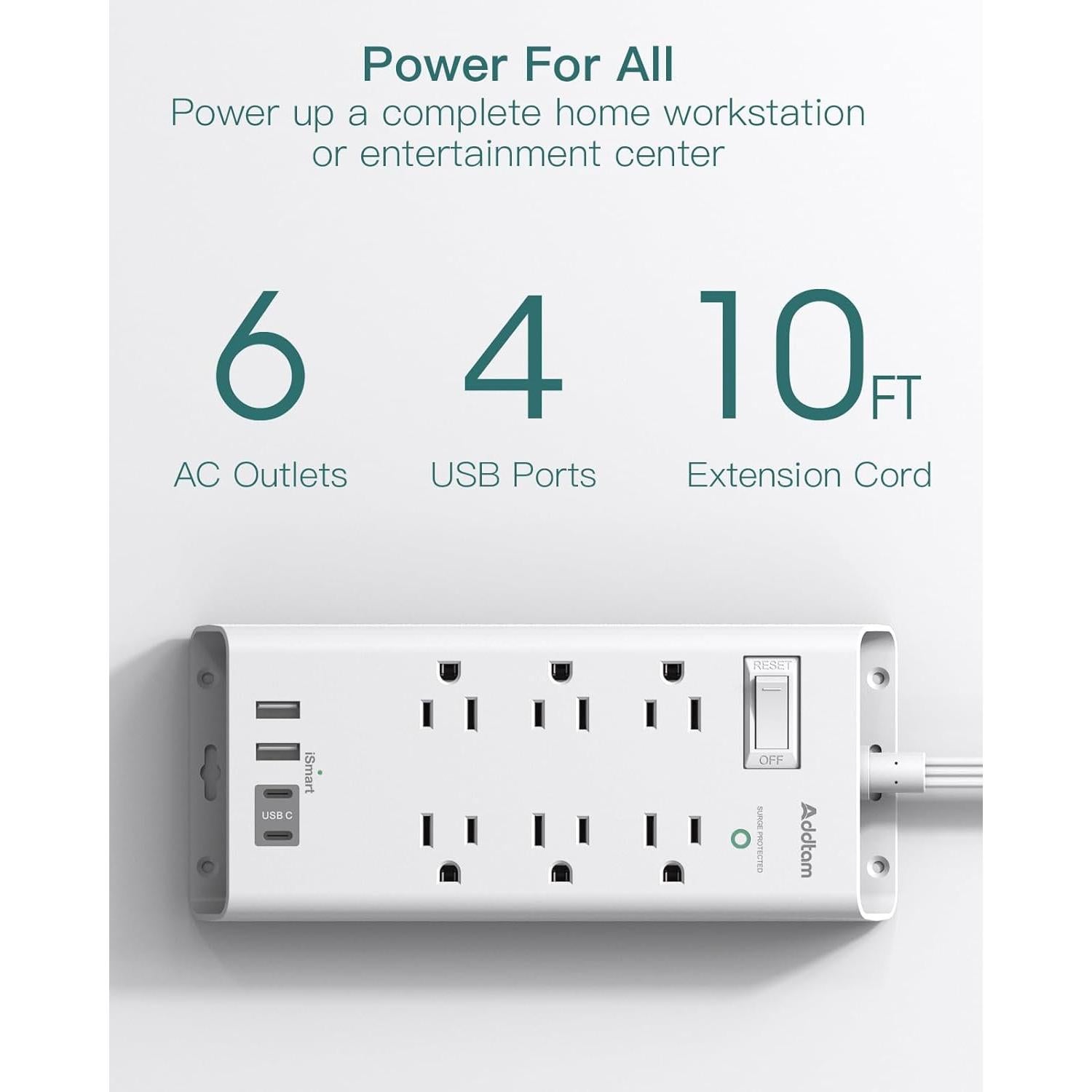 Regleta de Enchufes Addtam 3.05 m con 6 Salidas y 4 USB