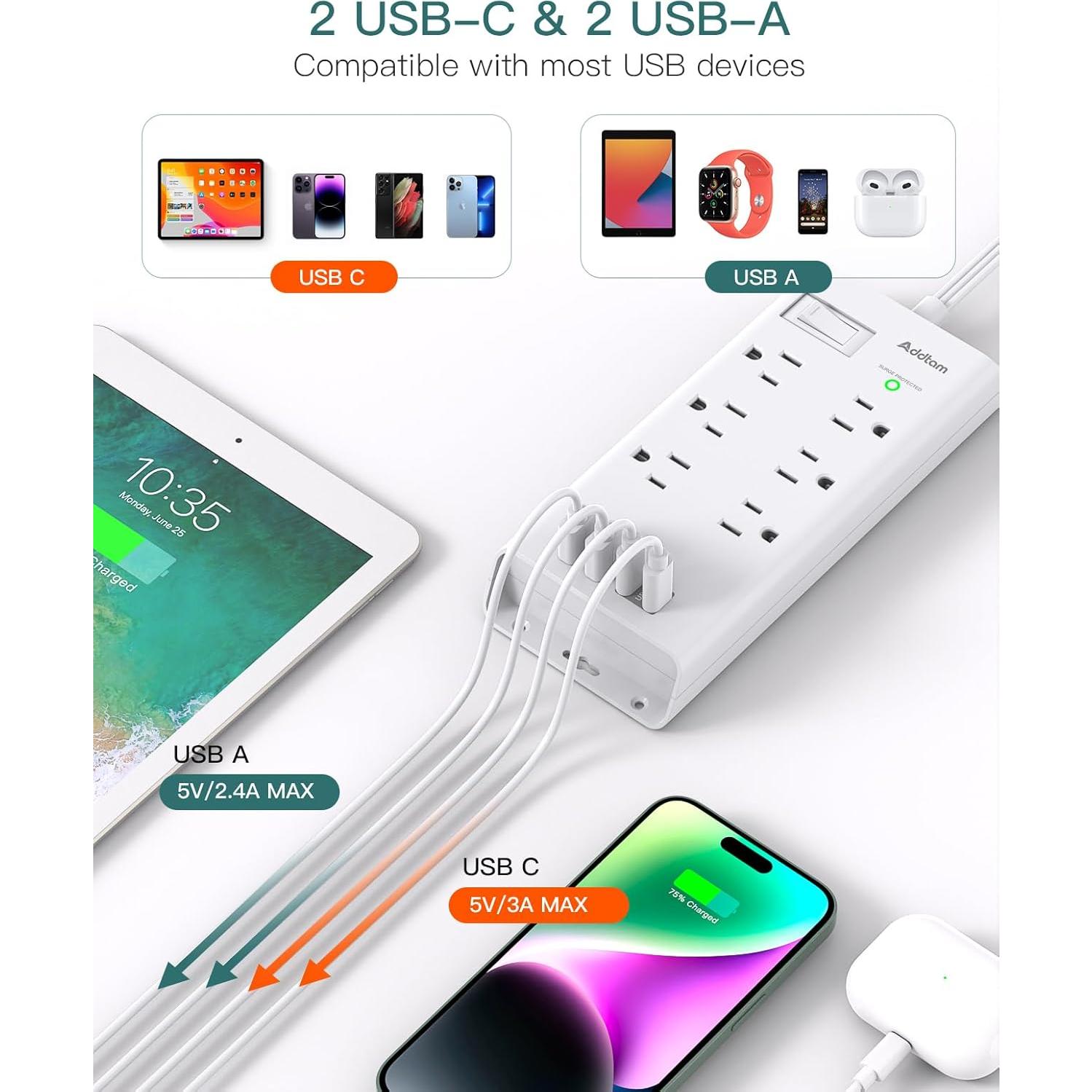 Regleta de Enchufes Addtam 3.05 m con 6 Salidas y 4 USB