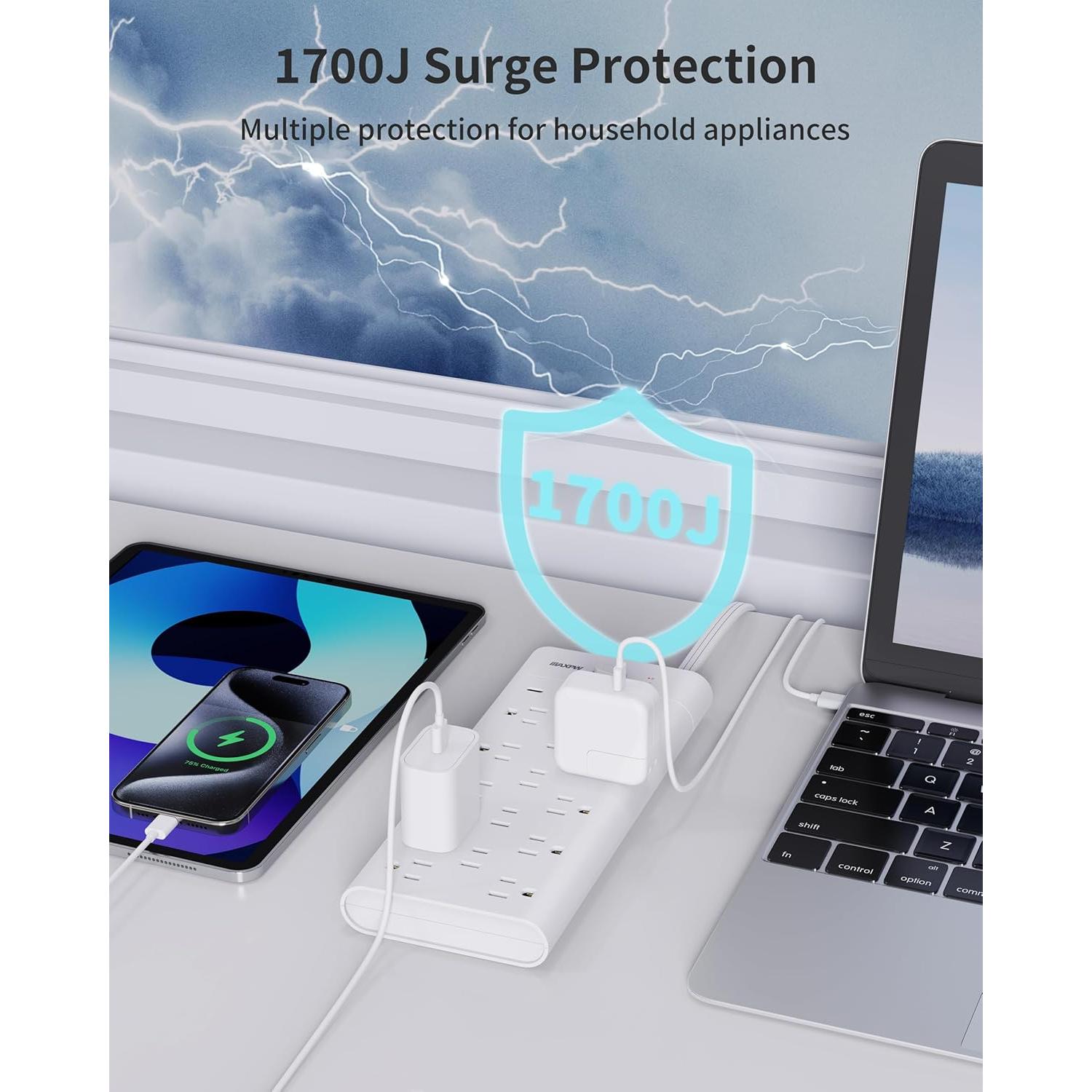 Regleta Extensora Maxpw 14 Enchufes 4 USB 6 pies Blanco