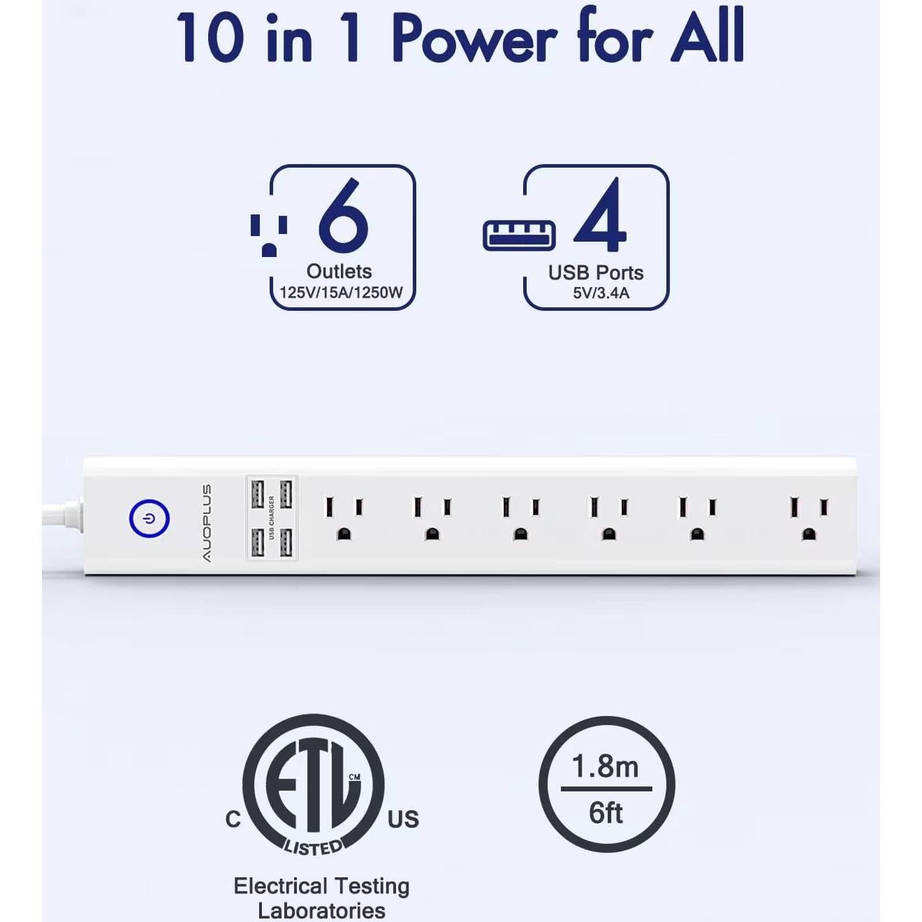 Regleta de Sobretensión AUOPLUS 6 Salidas y 4 USB 1.83m
