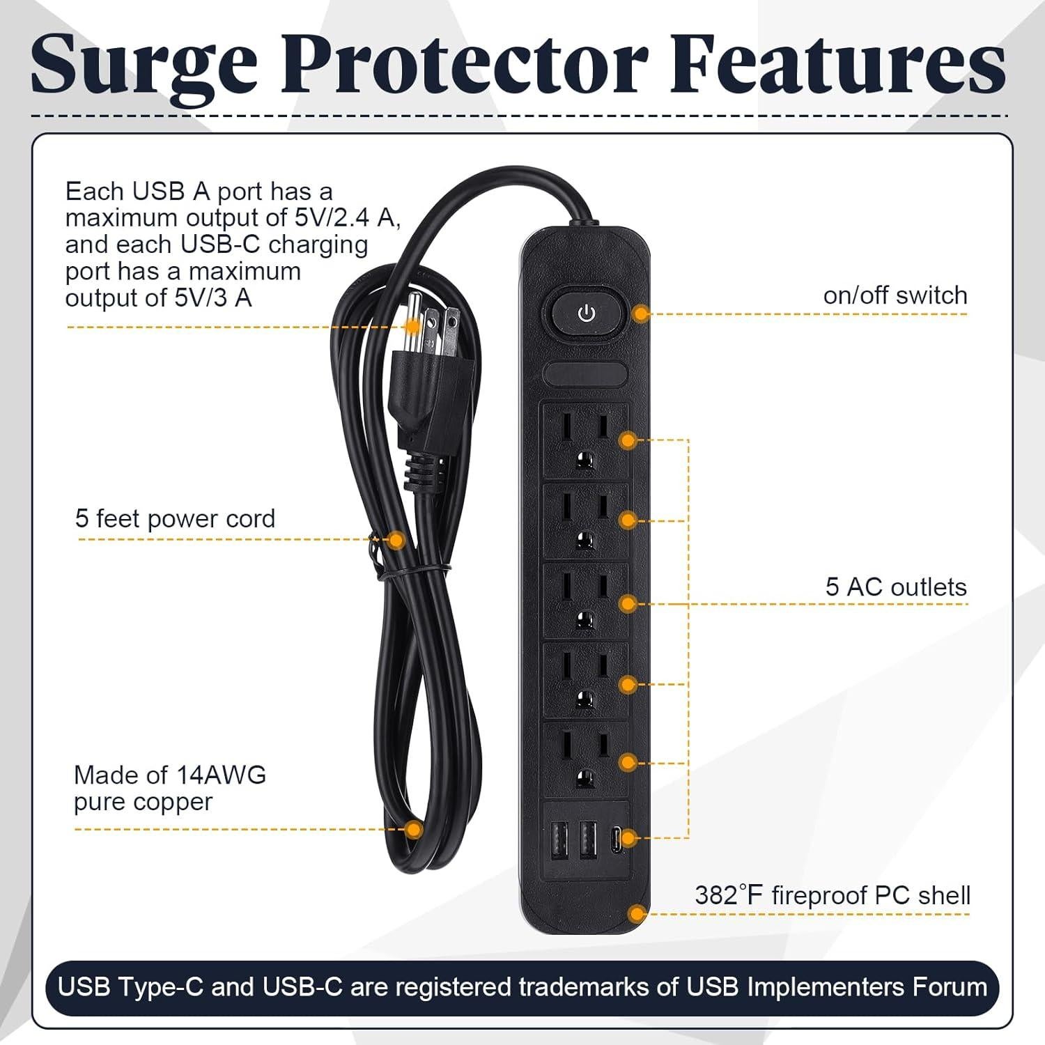 Regleta de Sobretensión Kanayu 6 Piezas 1.5m 5 Salidas CA 3 USB