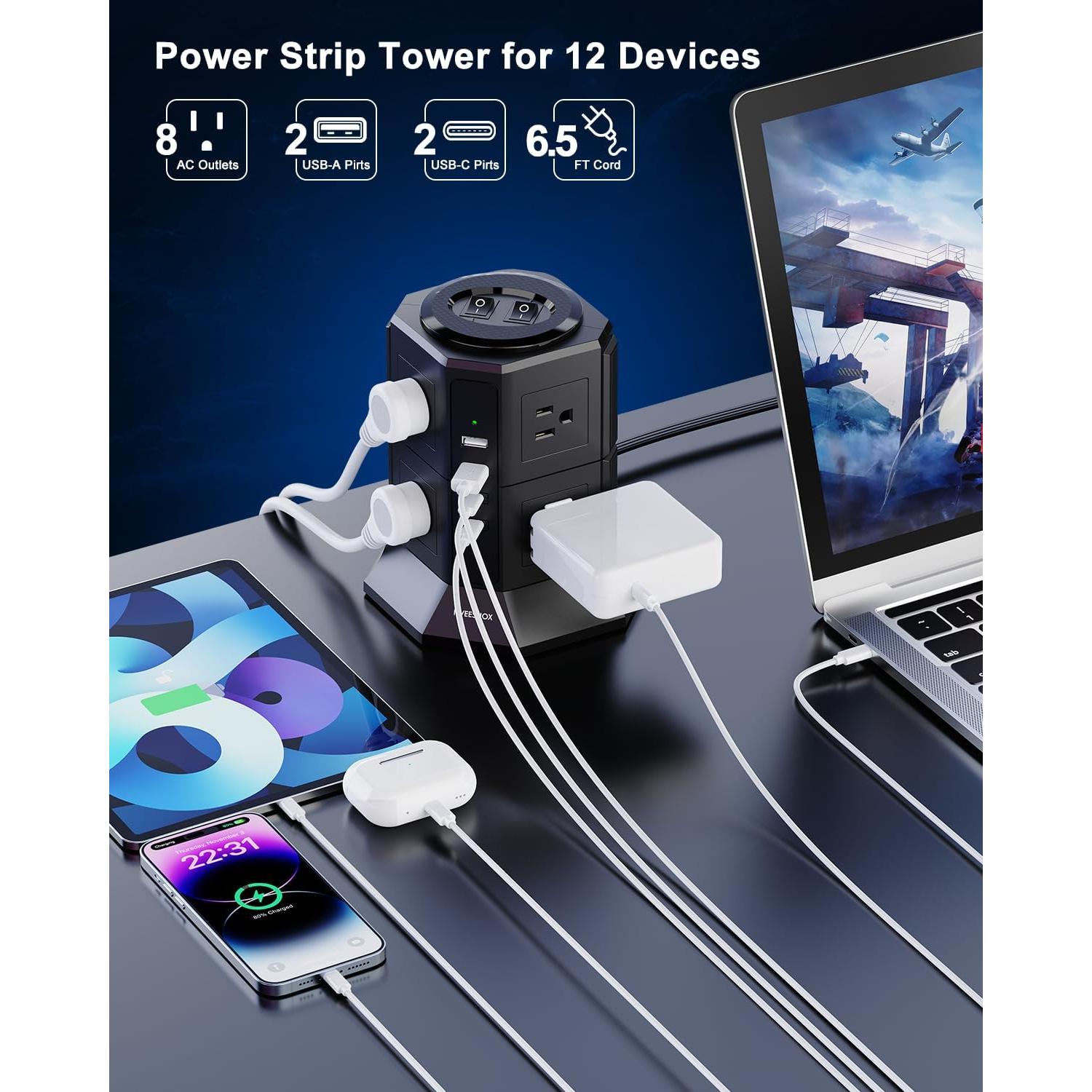 Torre de Regleta NVEESHOX 12 en 1 con 8 Salidas AC y 4 USB