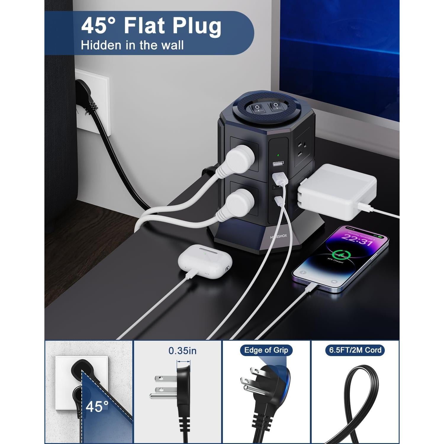 Torre de Regleta NVEESHOX 12 en 1 con 8 Salidas AC y 4 USB