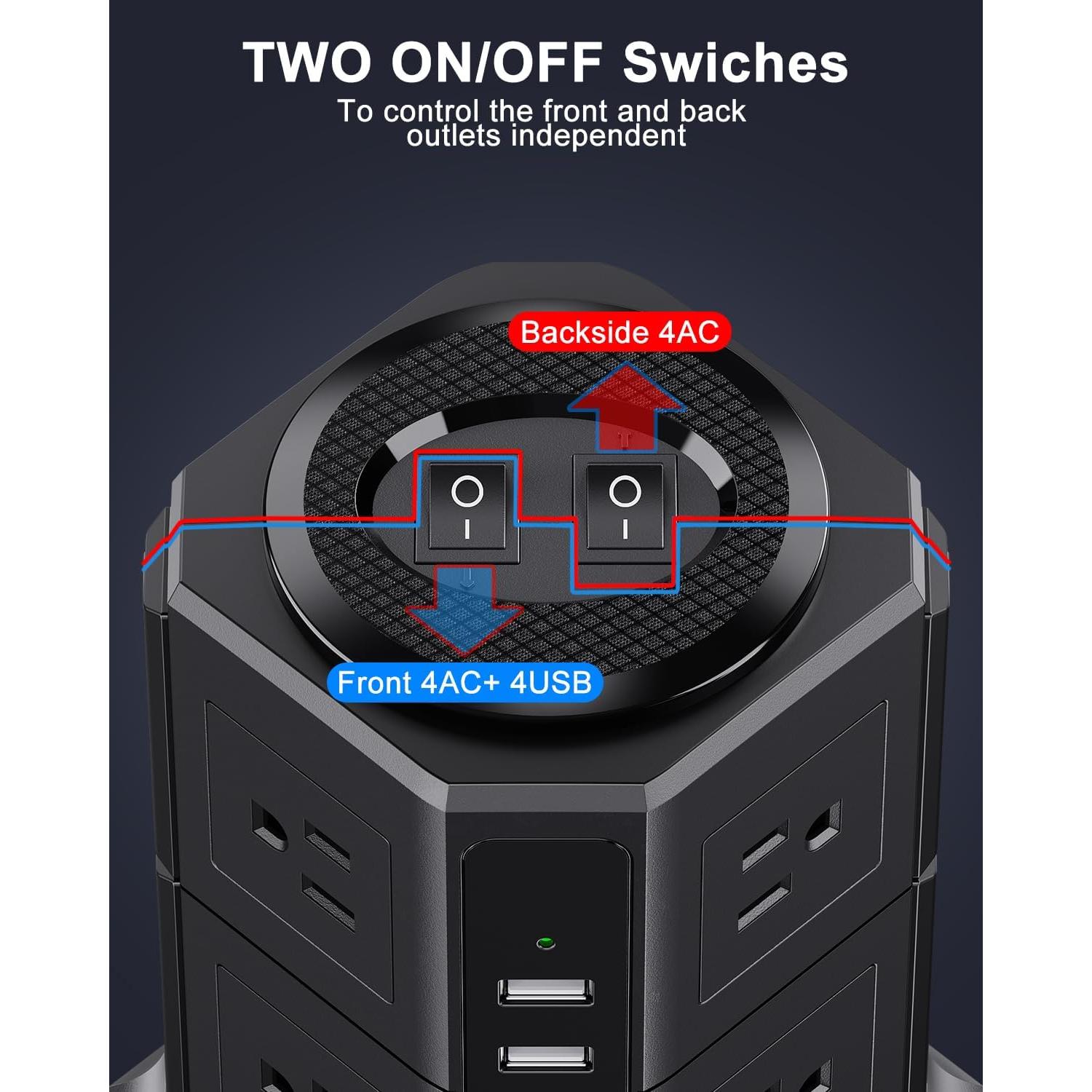 Torre de Regleta NVEESHOX 12 en 1 con 8 Salidas AC y 4 USB