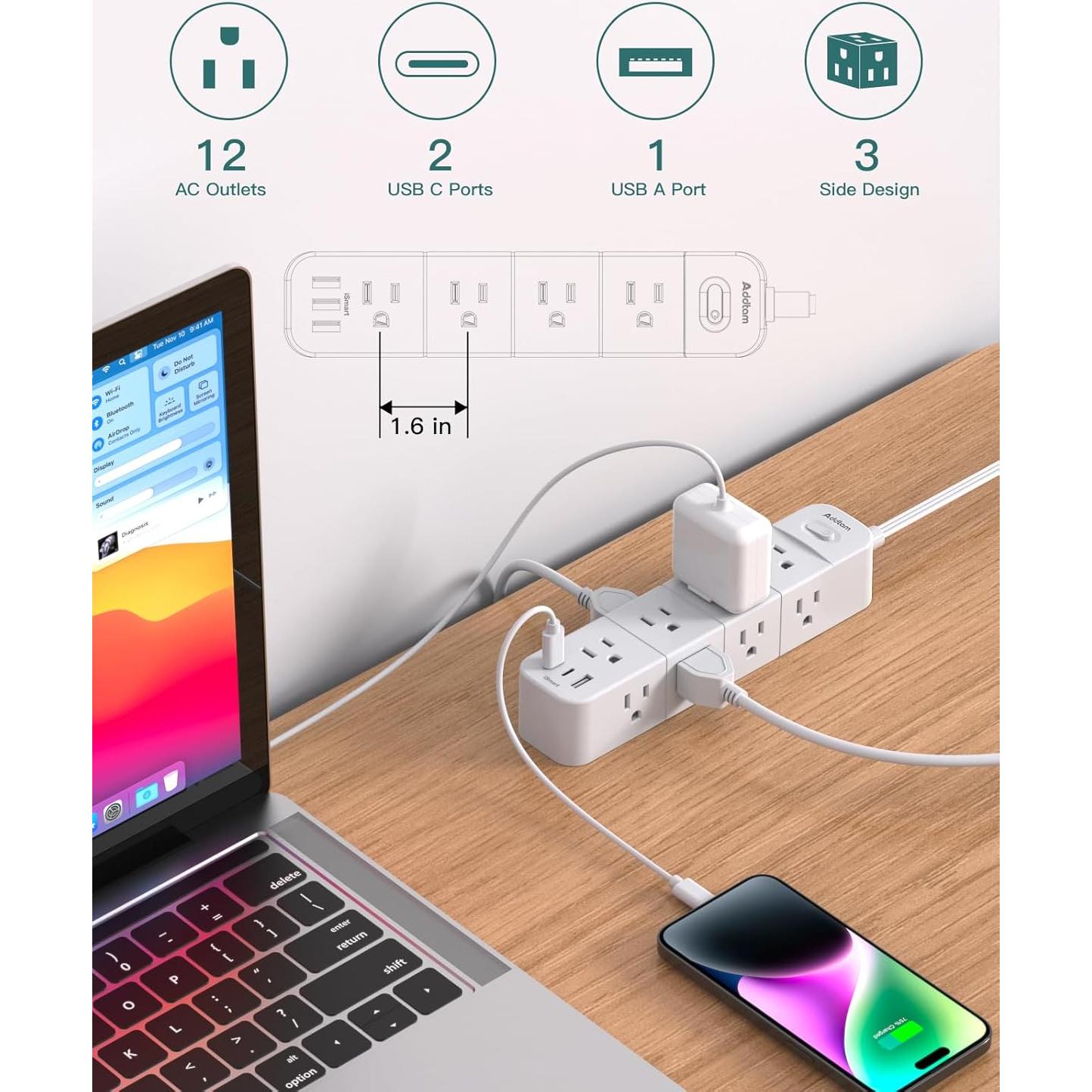Regleta de Protección Addtam 15 pies con 12 Salidas y 3 USB