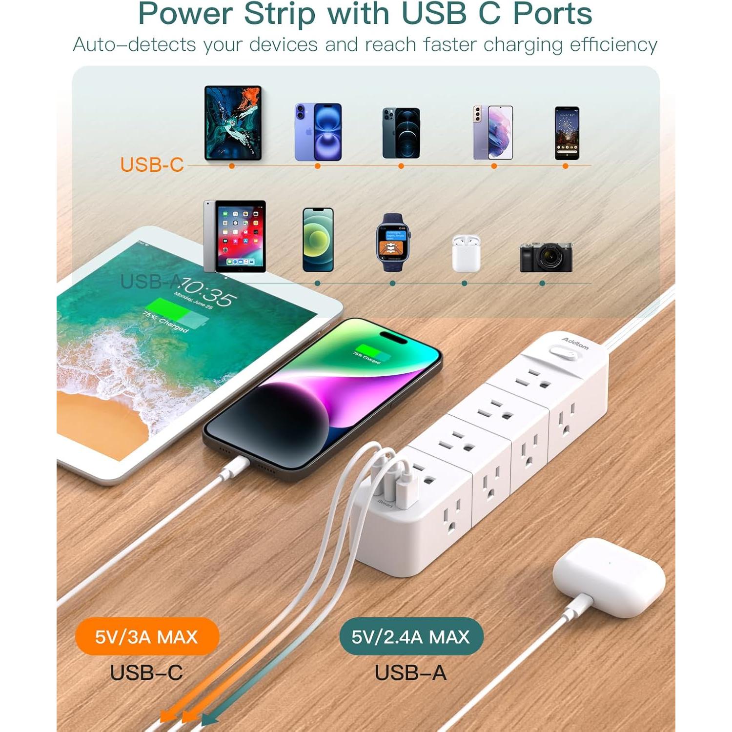 Regleta de Protección Addtam 15 pies con 12 Salidas y 3 USB