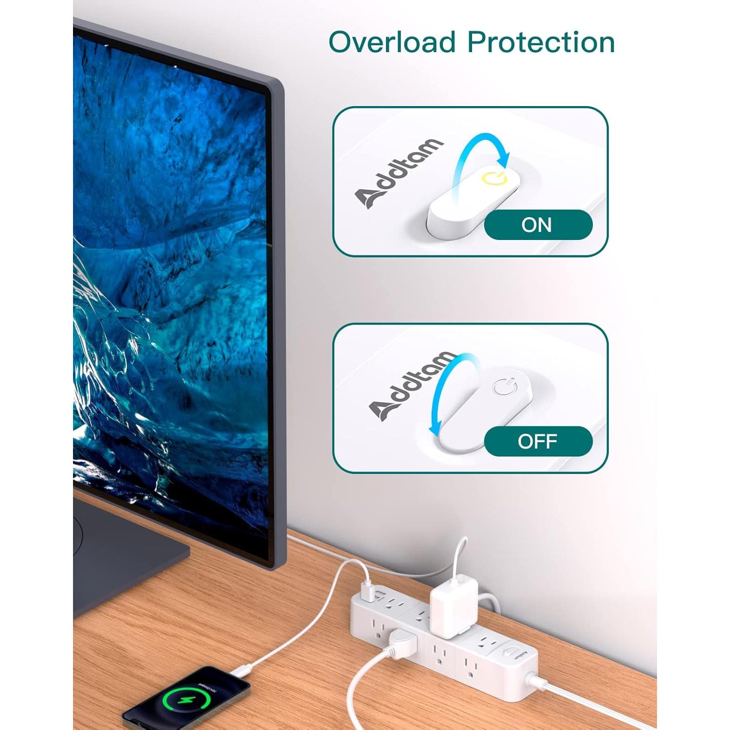 Regleta de Protección Addtam 15 pies con 12 Salidas y 3 USB