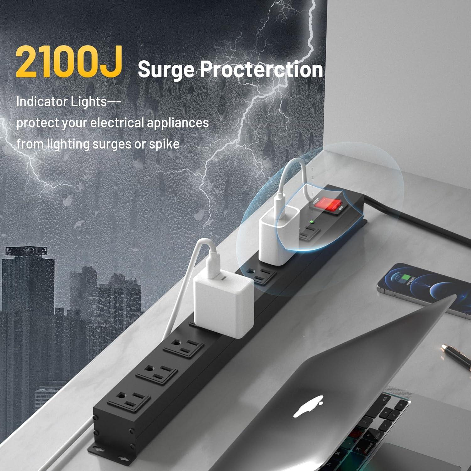 Tira de Poder Montable KF 8 Enchufes 6FT 15A Protección Sobretensiones