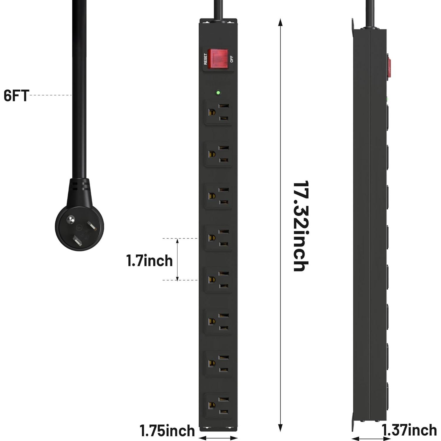 Tira de Poder Montable KF 8 Enchufes 6FT 15A Protección Sobretensiones