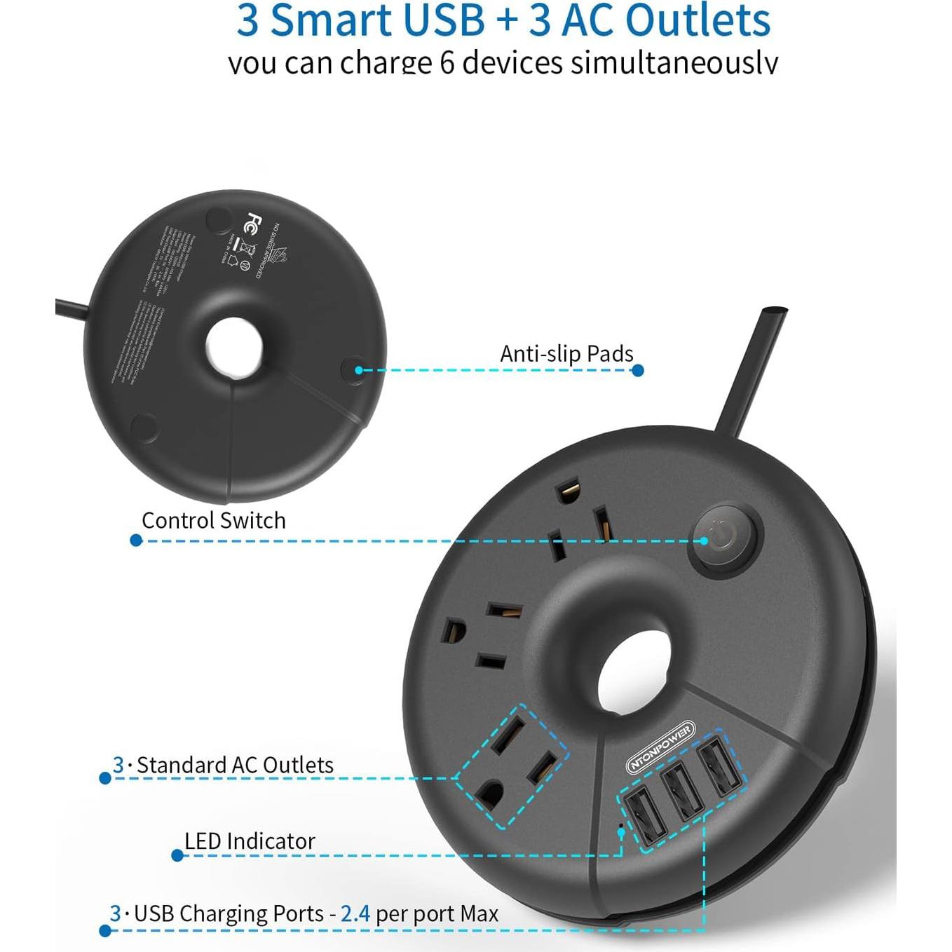 Regleta de Enchufes NTONPOWER 25 Pies con 3 USB y 3 Salidas