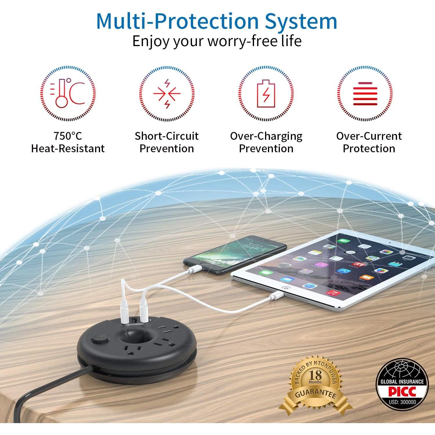 Regleta de Enchufes NTONPOWER 25 Pies con 3 USB y 3 Salidas