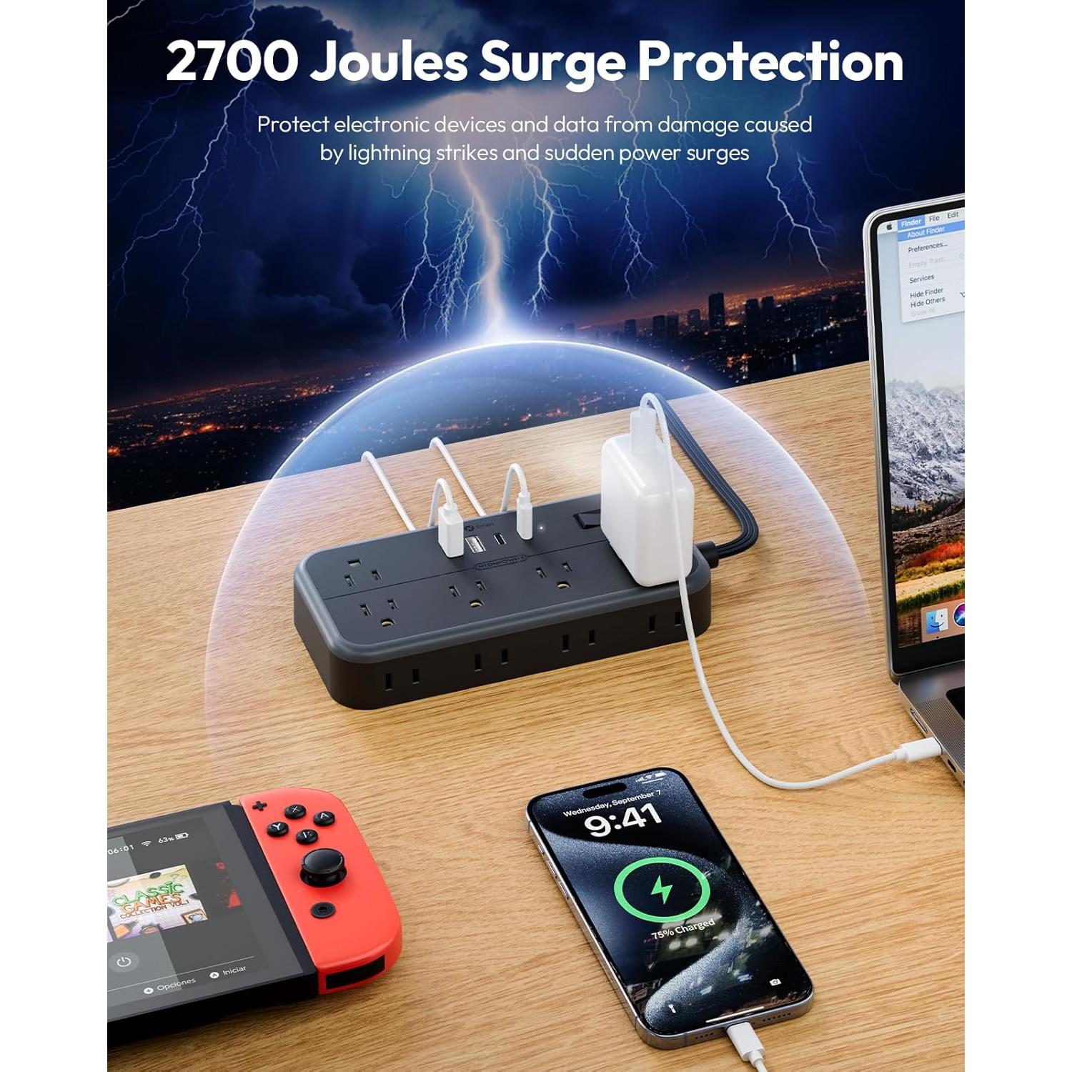 Regleta de Sobretensión NTONPOWER 10 Salidas 4 USB 1.5m