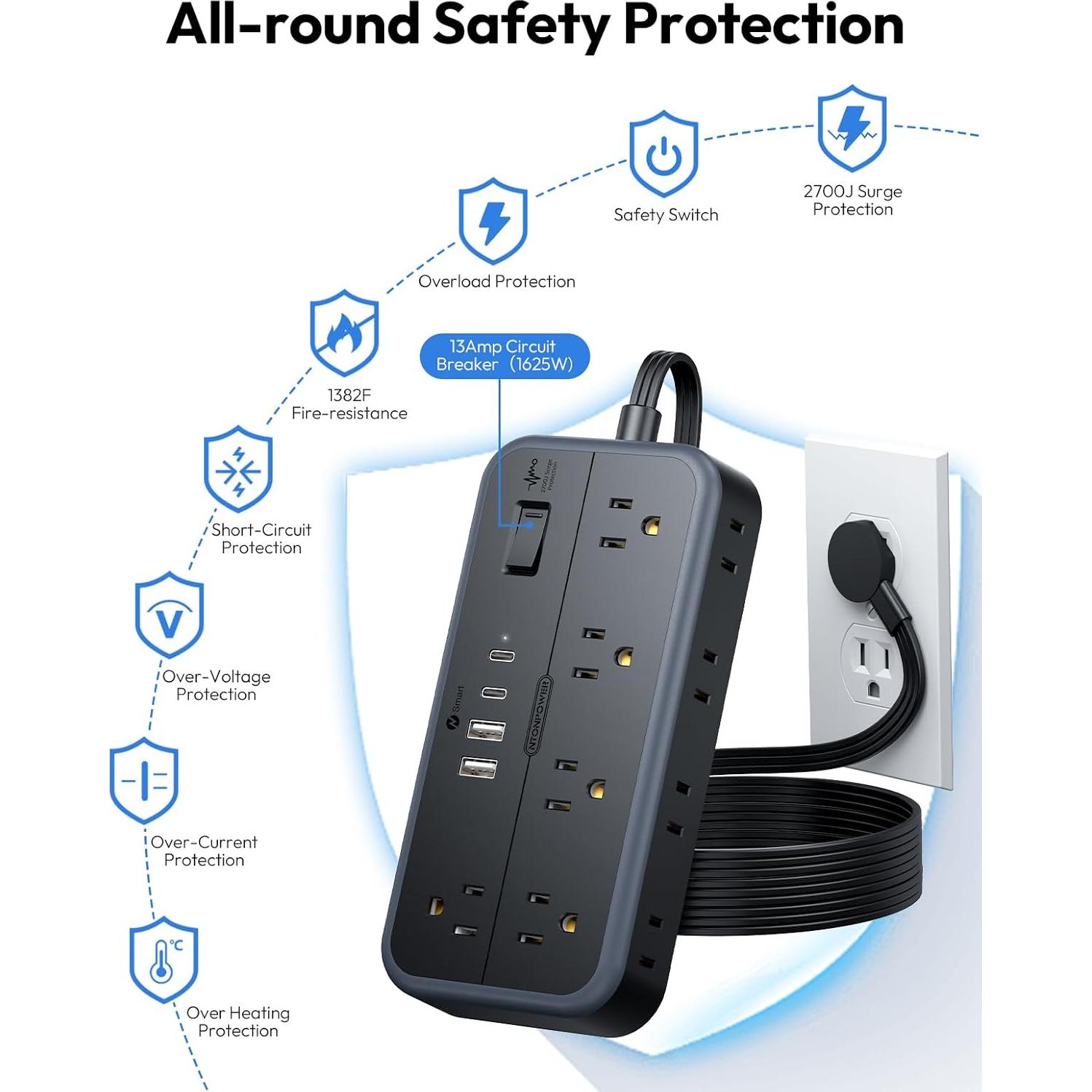 Regleta de Sobretensión NTONPOWER 10 Salidas 4 USB 1.5m