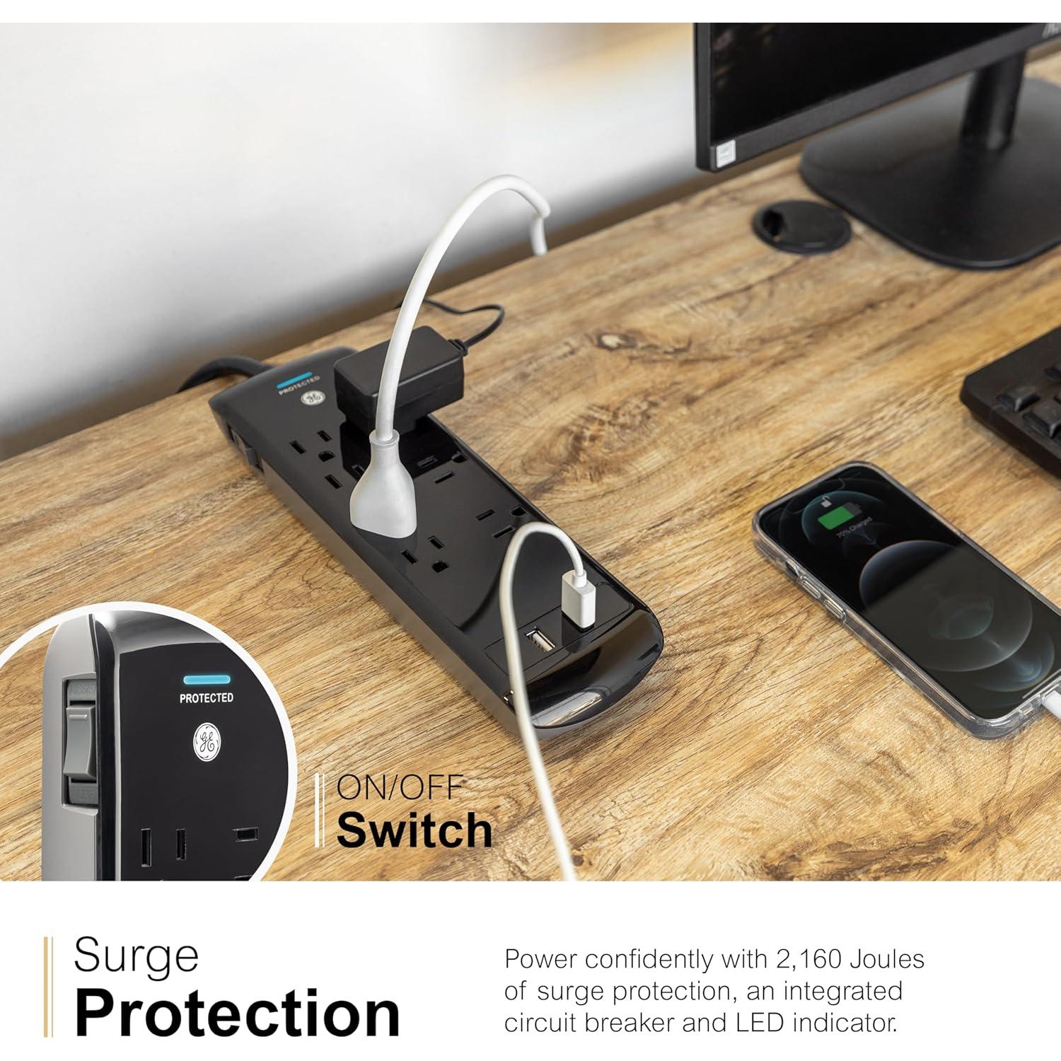 Protector Sobretensiones GE Pro 7 Salidas + 2 USB 0.91m