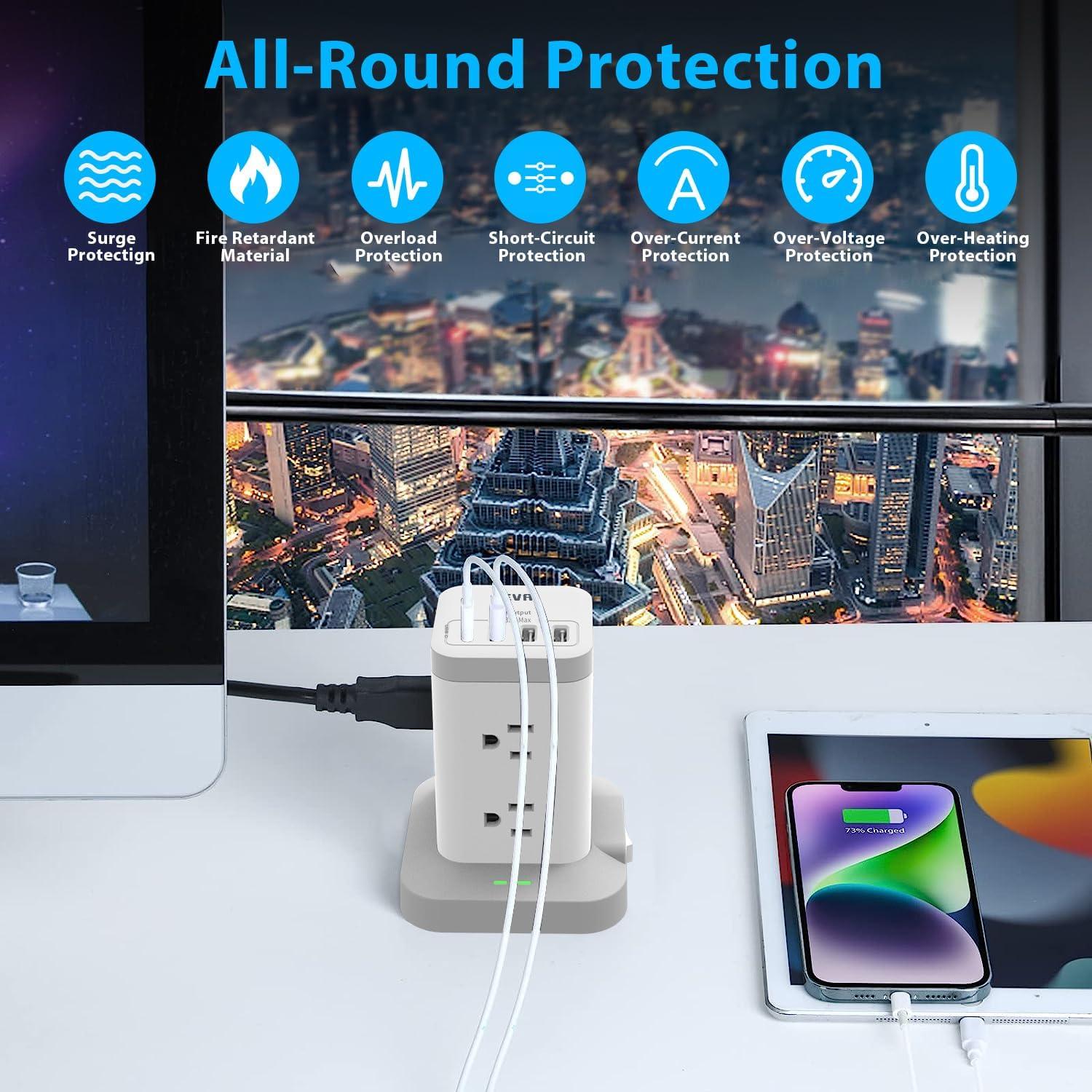 Torre de Protector de Sobretensión BEVA 8 Puertos AC y 4 USB-C