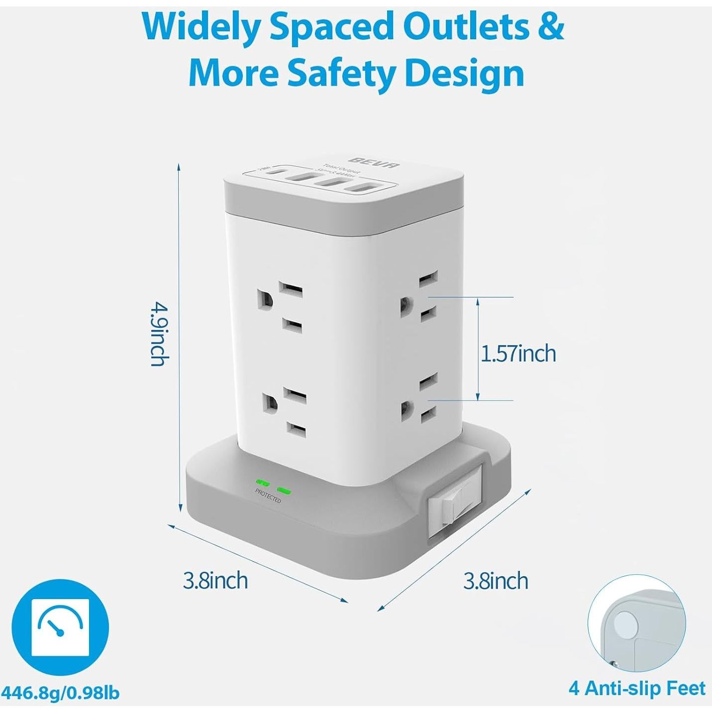 Torre de Protector de Sobretensión BEVA 8 Puertos AC y 4 USB-C