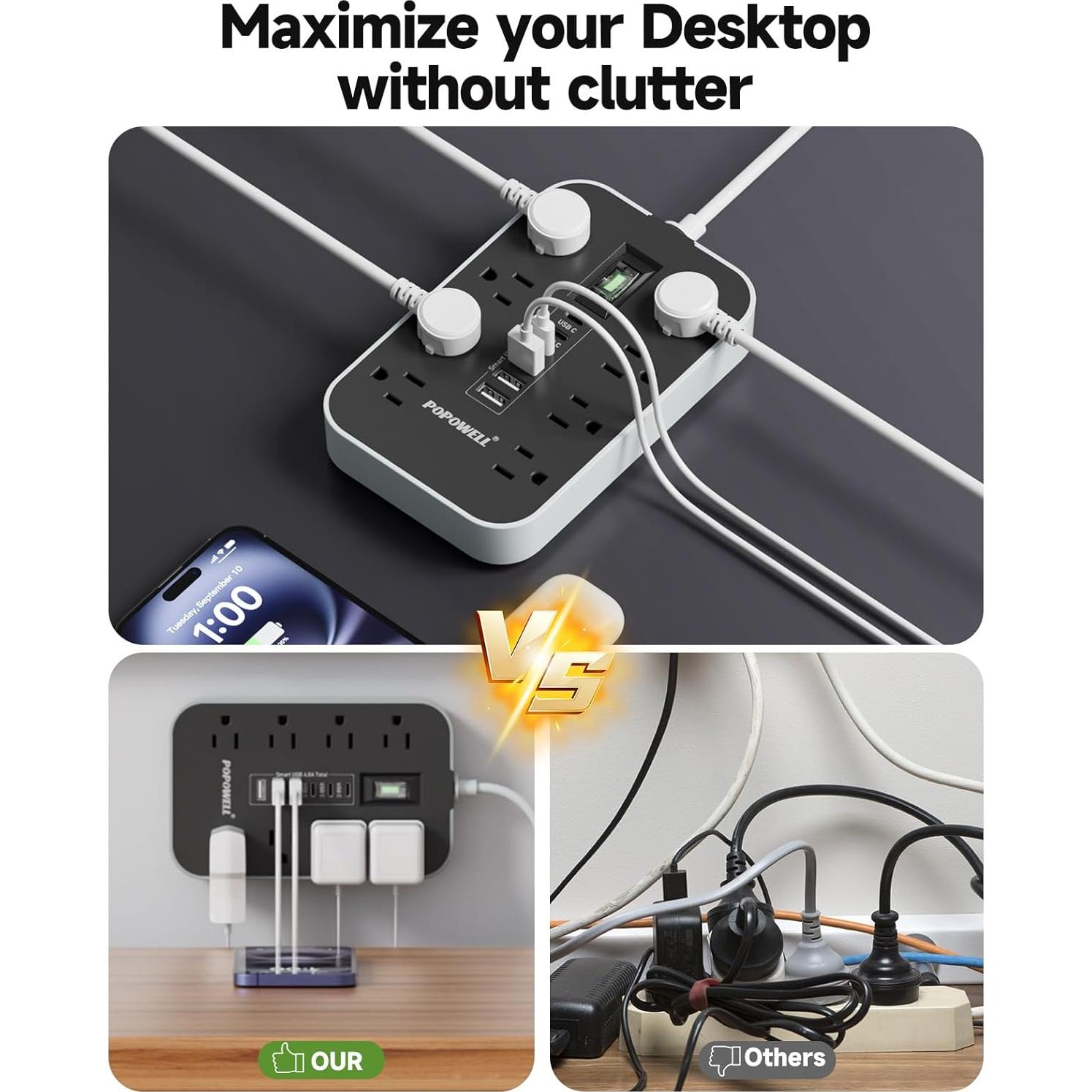 Regleta de Potencia Popowell 61cm 8 Salidas AC 6 USB 4.8A