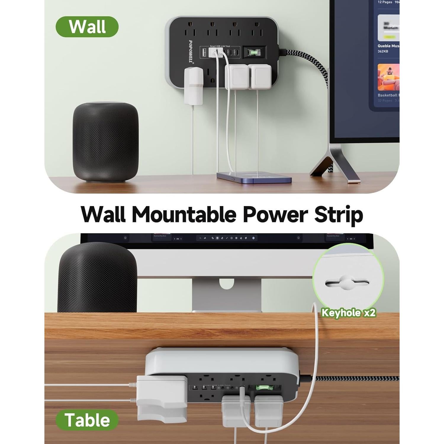 Regleta de Potencia Popowell 61cm 8 Salidas AC 6 USB 4.8A