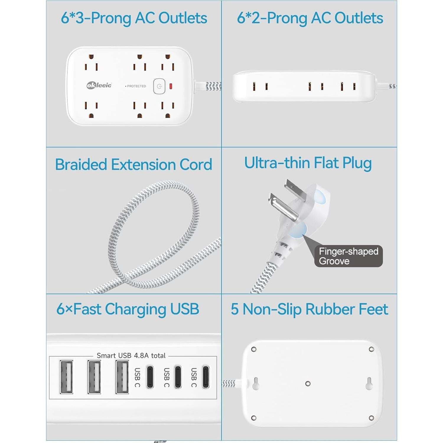 Regleta de Alimentación 12 Salidas + 6 USB C 1.5m Okleeic