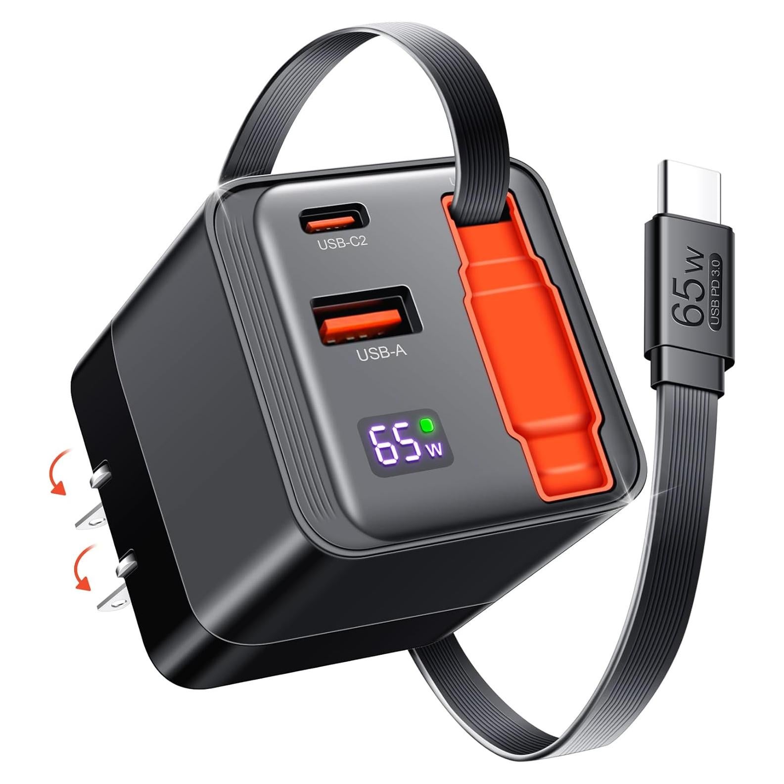 Cargador USB C Retráctil 65W GaN 3 con Cable y Doble Puerto