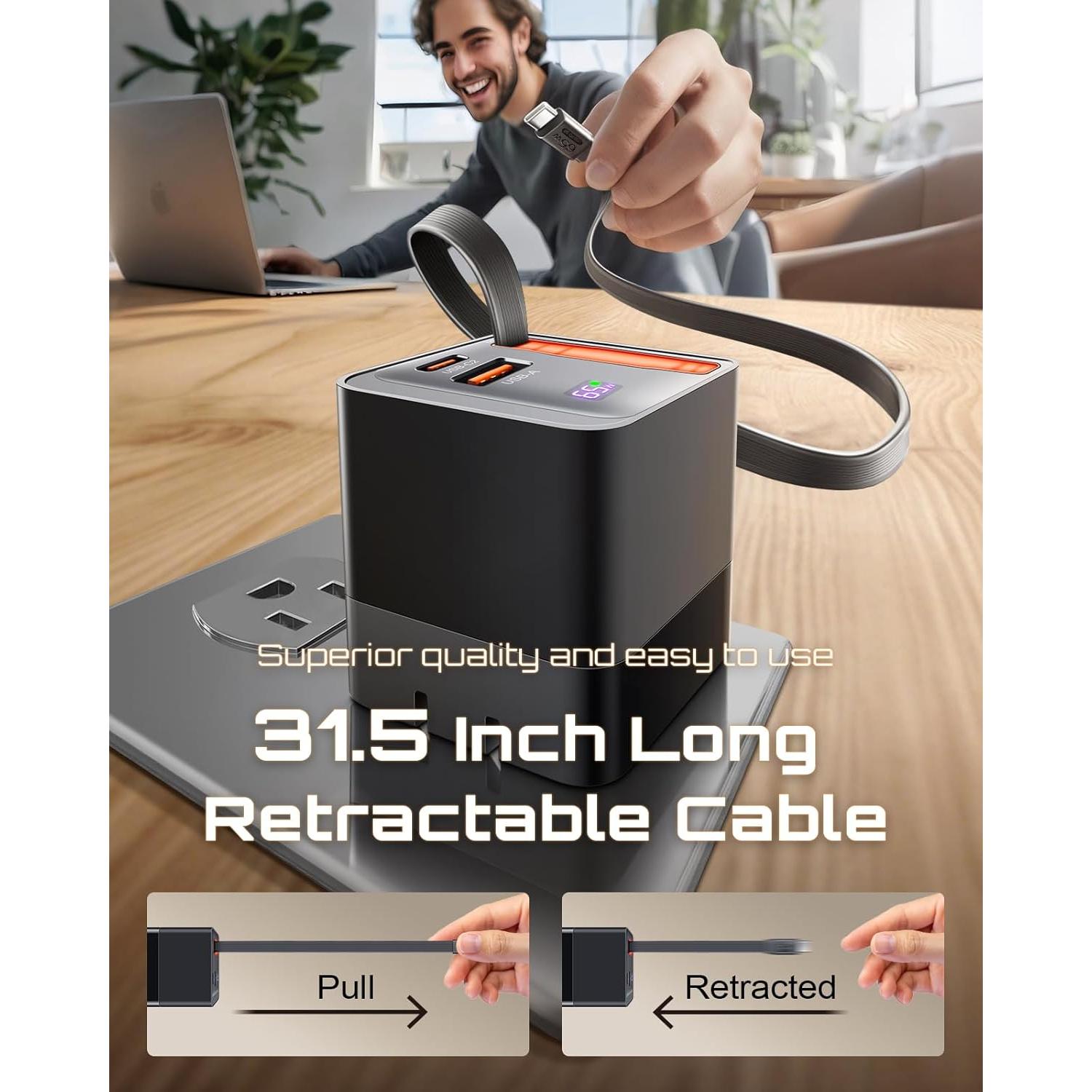 Cargador USB C Retráctil 65W GaN 3 con Cable y Doble Puerto