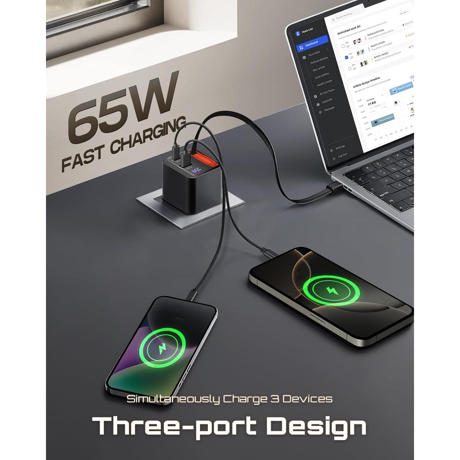 Cargador USB C Retráctil 65W GaN 3 con Cable y Doble Puerto