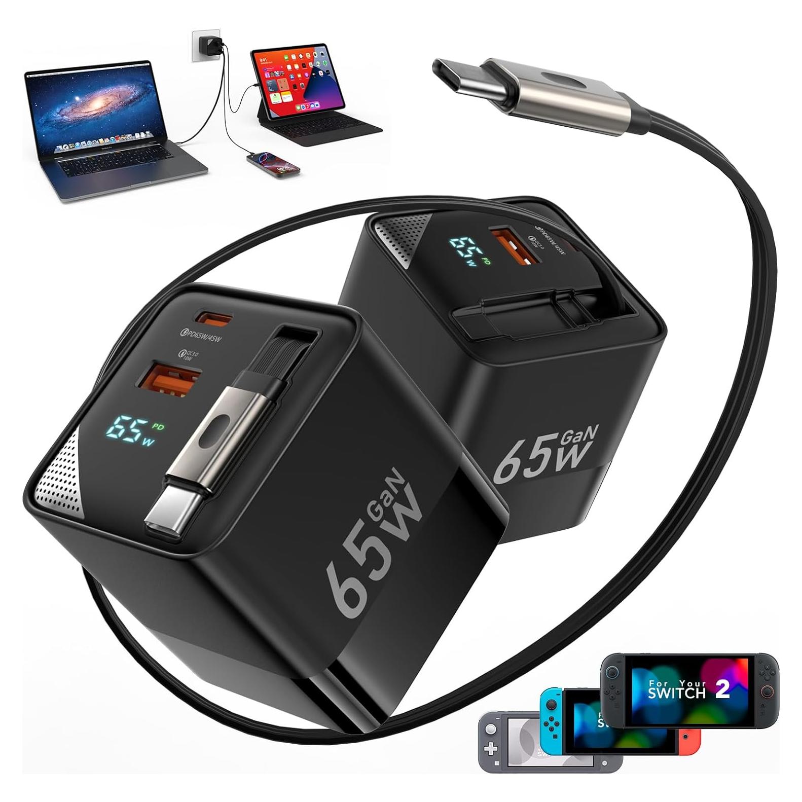 Cargador USB C HATALKIN 65W Plegable con Cable Retráctil